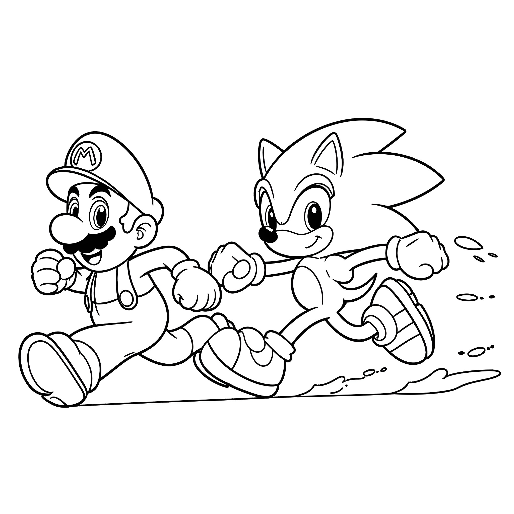 Mario and Sonic running together in action Coloring Page (free black-and-white line drawing printable PDF for all, from beginners to advanced learners, including children, teens, adults, and seniors)
