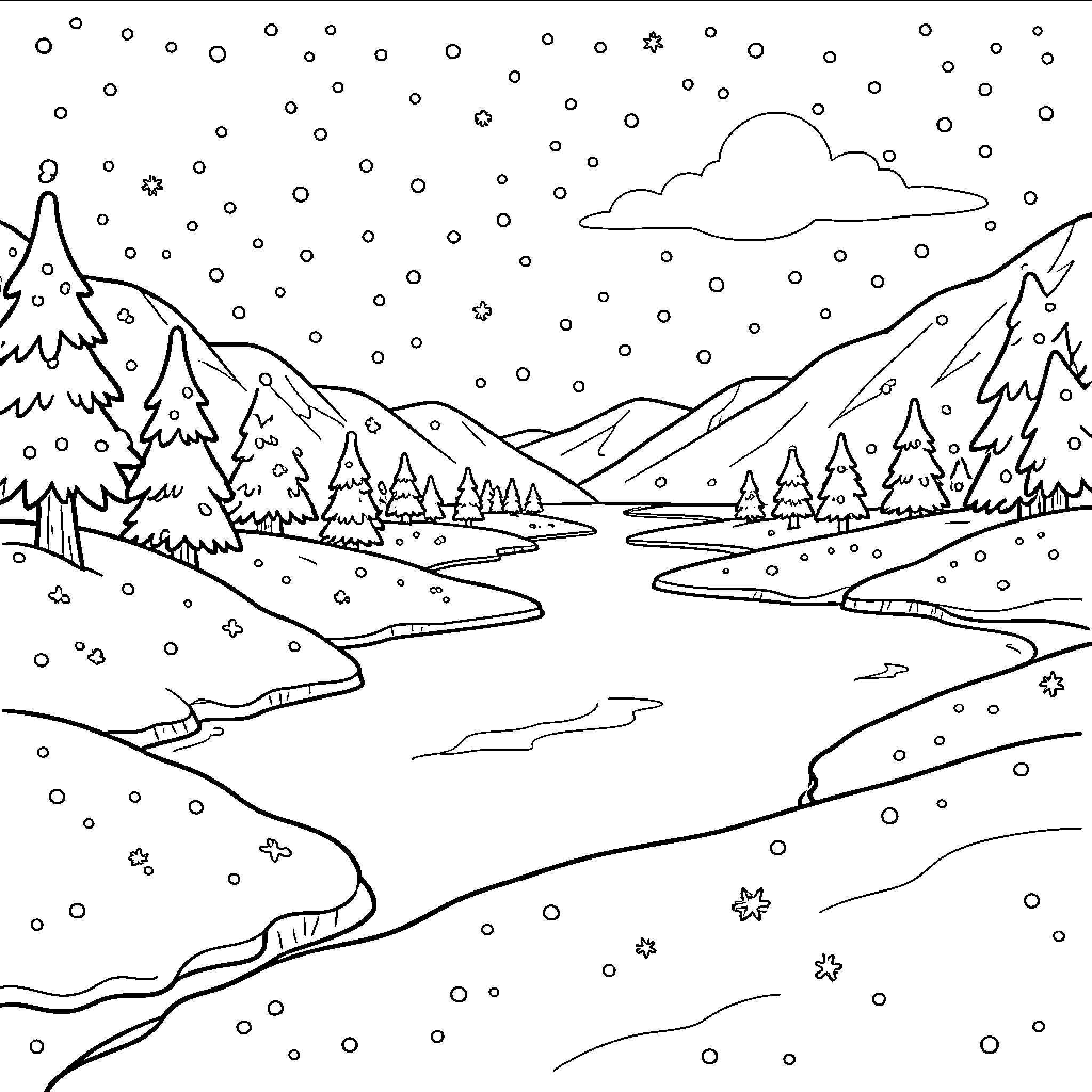 Frozen winter landscape with snowy mountains and trees Coloring Page (free black-and-white line drawing printable PDF for all, from beginners to advanced learners, including children, teens, adults, and seniors)
