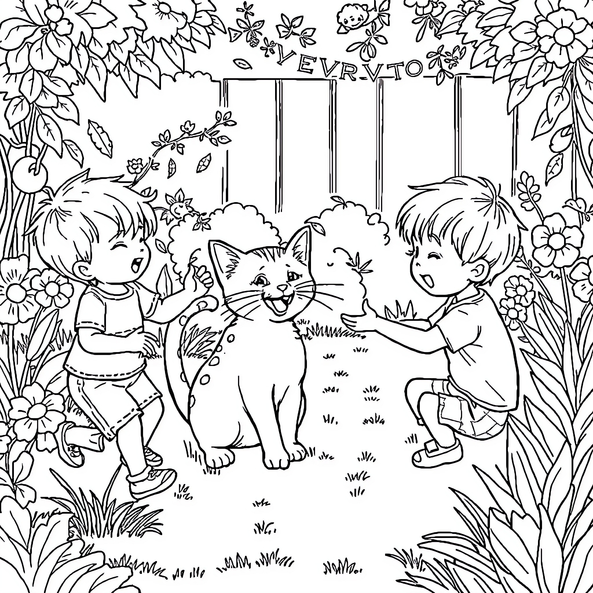 Cat and children playing together in a garden Coloring Page (free black-and-white line drawing printable PDF for all, from beginners to advanced learners, including children, teens, adults, and seniors)