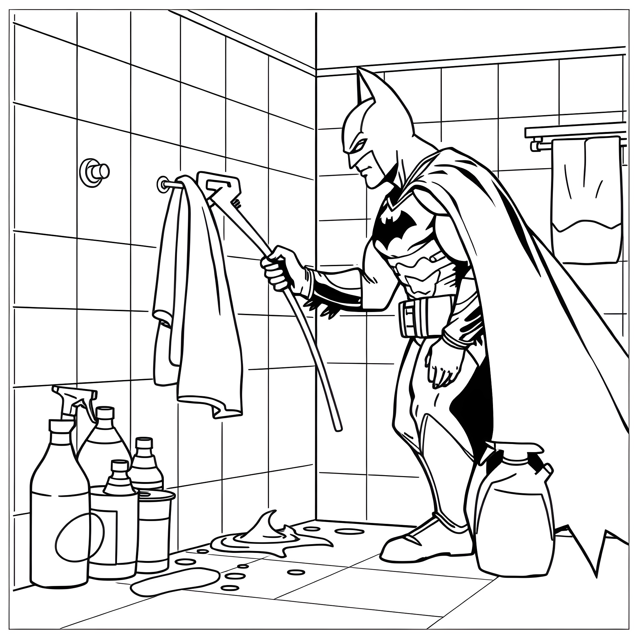 Batman Cleaning Up His Crime-Fighting Gear Coloring Page (free black-and-white line drawing printable PDF for all, from beginners to advanced learners, including children, teens, adults, and seniors)