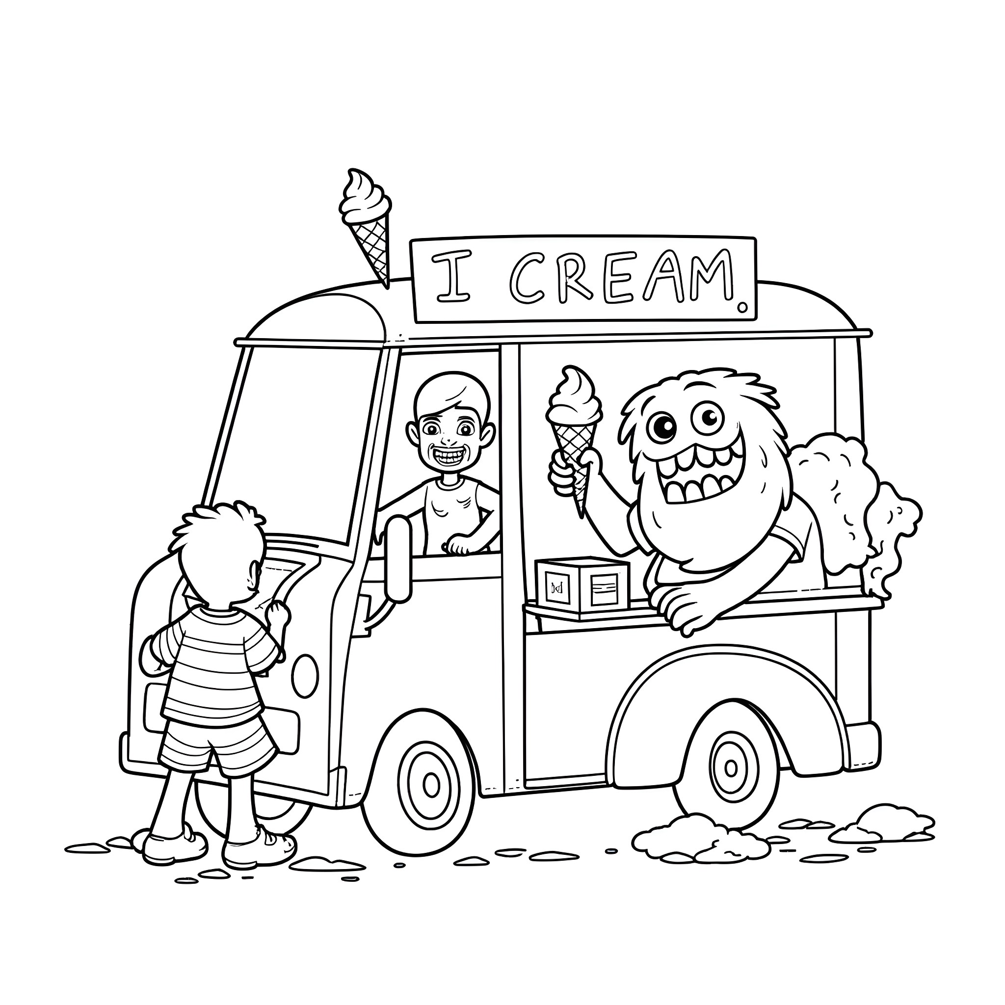 Zombie Ice Cream Truck with Friendly Monsters Coloring Page (free black-and-white line drawing printable PDF for all, from beginners to advanced learners, including children, teens, adults, and seniors)