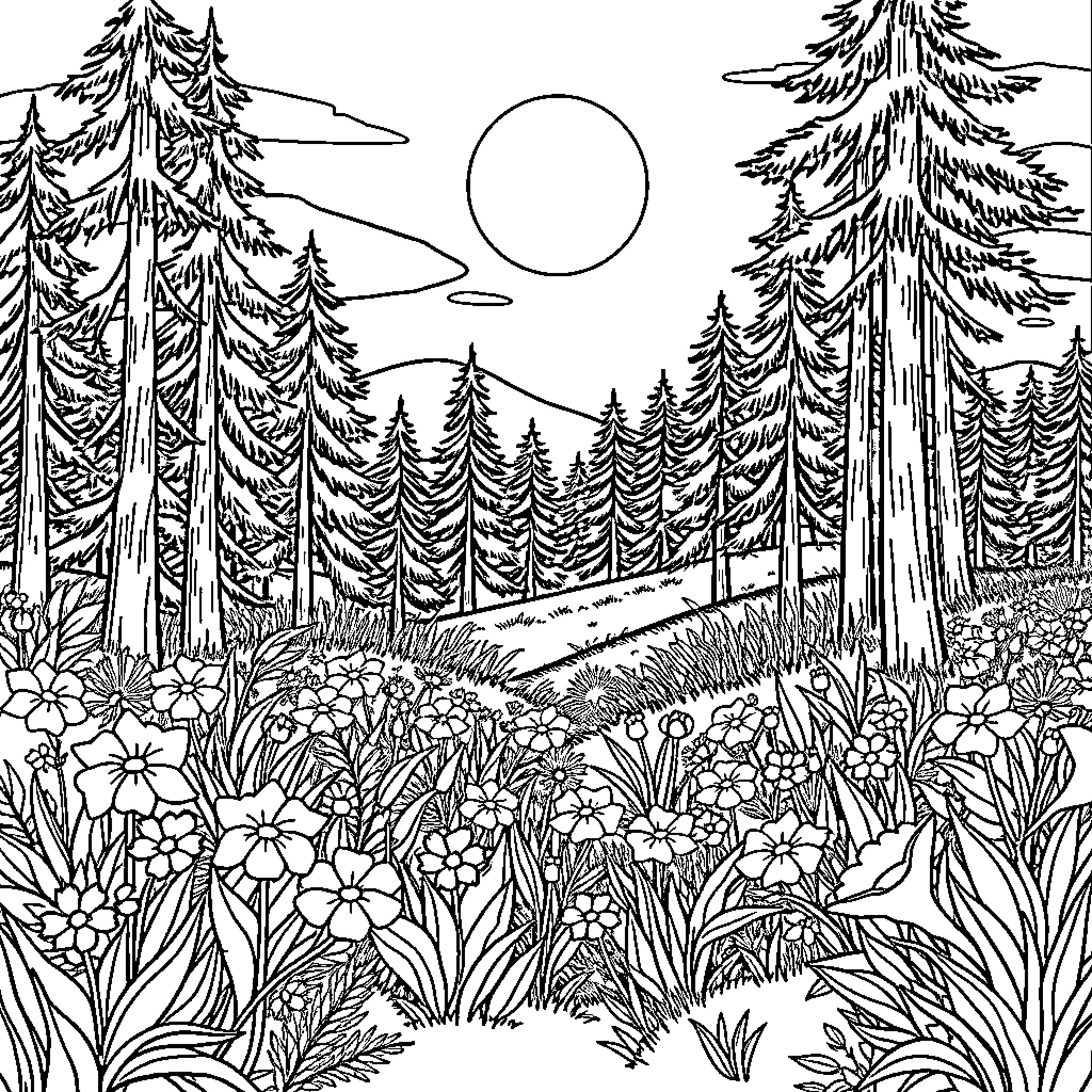 Landscape with lush forest and blooming flowers Coloring Page (free black-and-white line drawing printable PDF for all, from beginners to advanced learners, including children, teens, adults, and seniors)