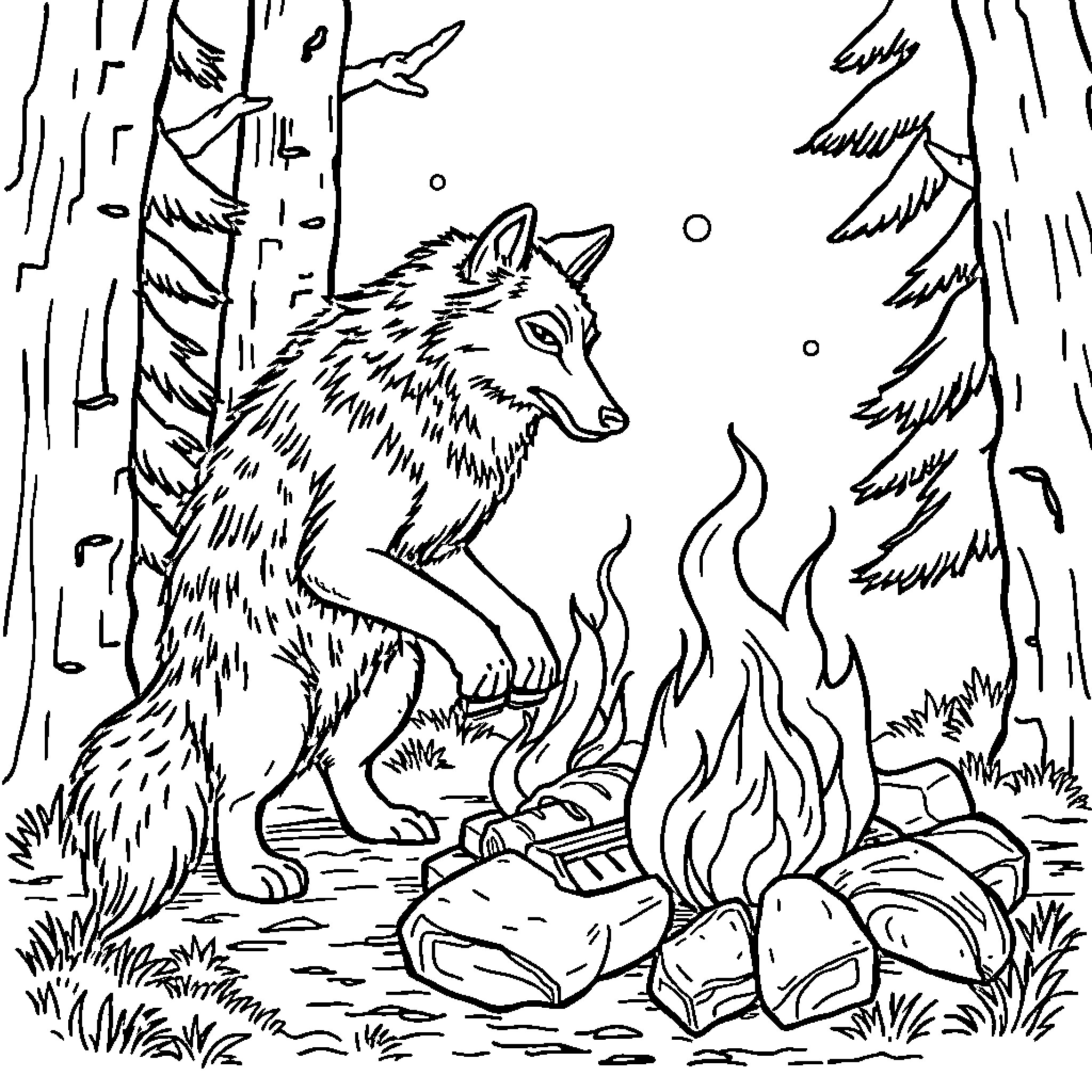 Wolf howling near a campfire in the forest Coloring Page (free black-and-white line drawing printable PDF for all, from beginners to advanced learners, including children, teens, adults, and seniors)