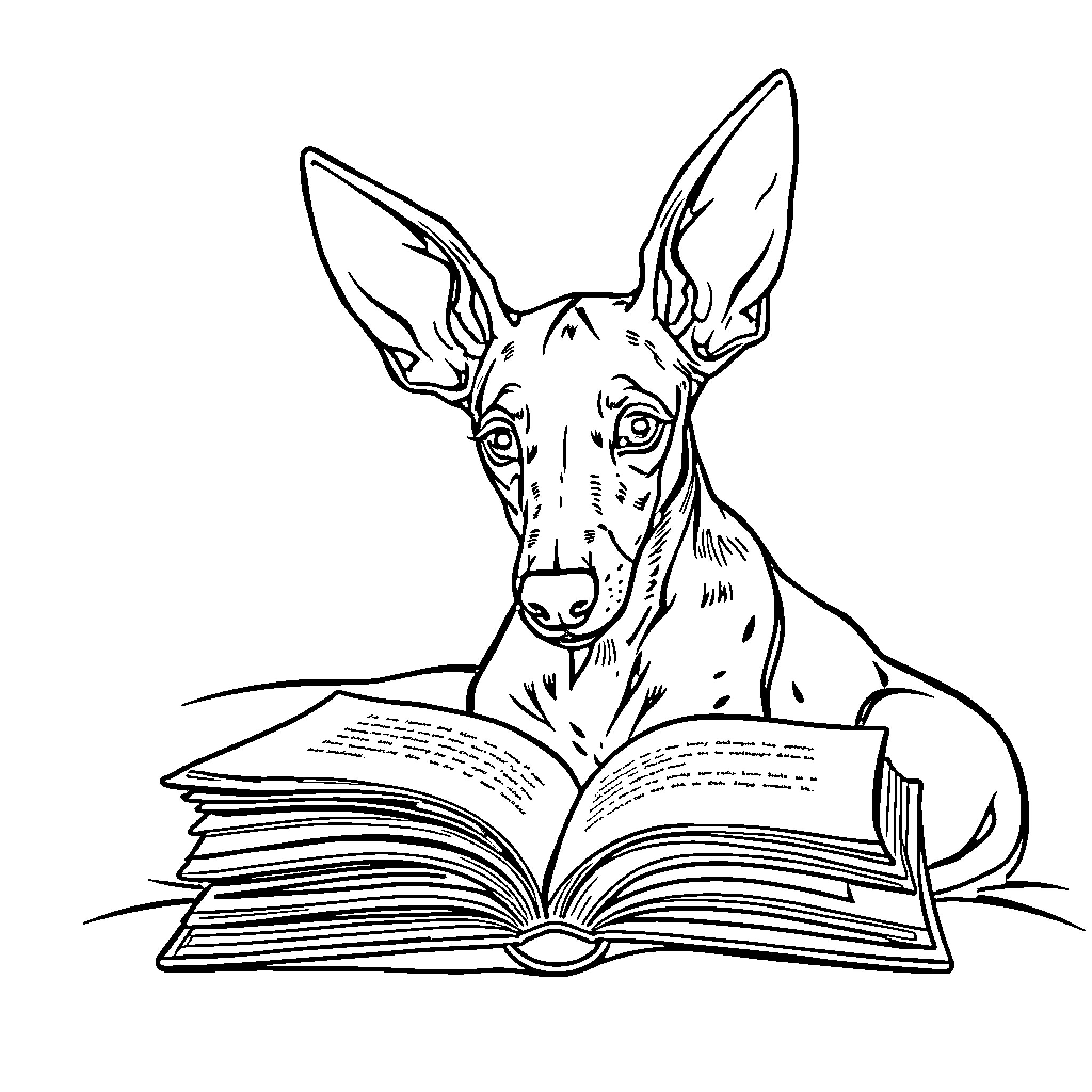 Podenco pup reading an open book Coloring Page (free black-and-white line drawing printable PDF for all, from beginners to advanced learners, including children, teens, adults, and seniors)