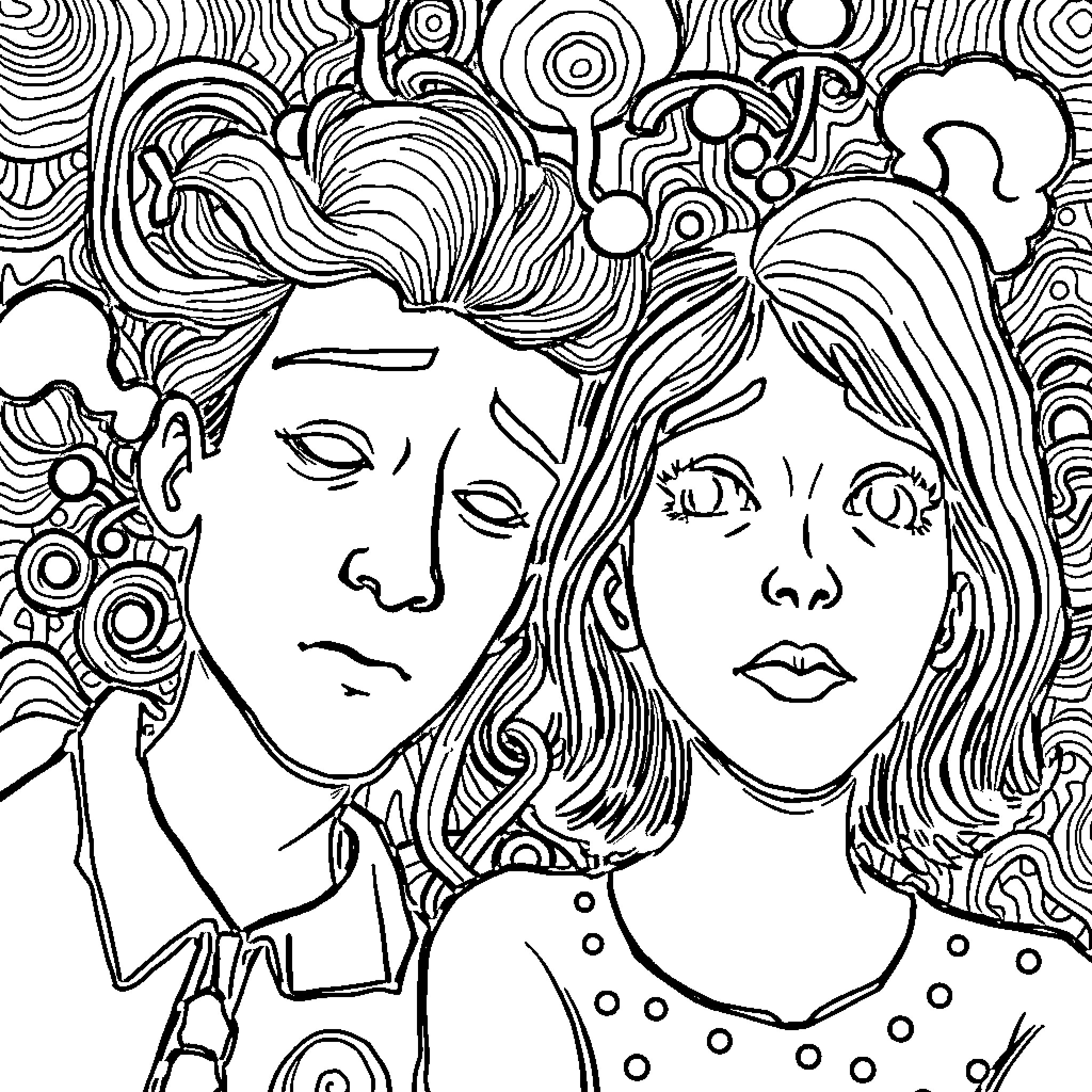 Brainrot: Couple in Peculiar Embrace Coloring Page (free black-and-white line drawing printable PDF for all, from beginners to advanced learners, including children, teens, adults, and seniors)