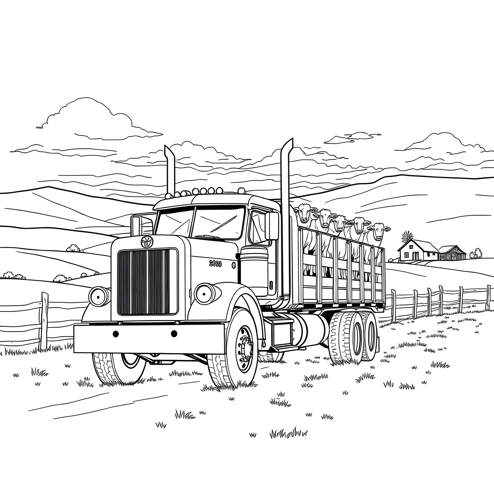 Truck Transporting Goods through Countryside Landscape Coloring Page (free black-and-white line drawing printable PDF for all, from beginners to advanced learners, including children, teens, adults, and seniors)