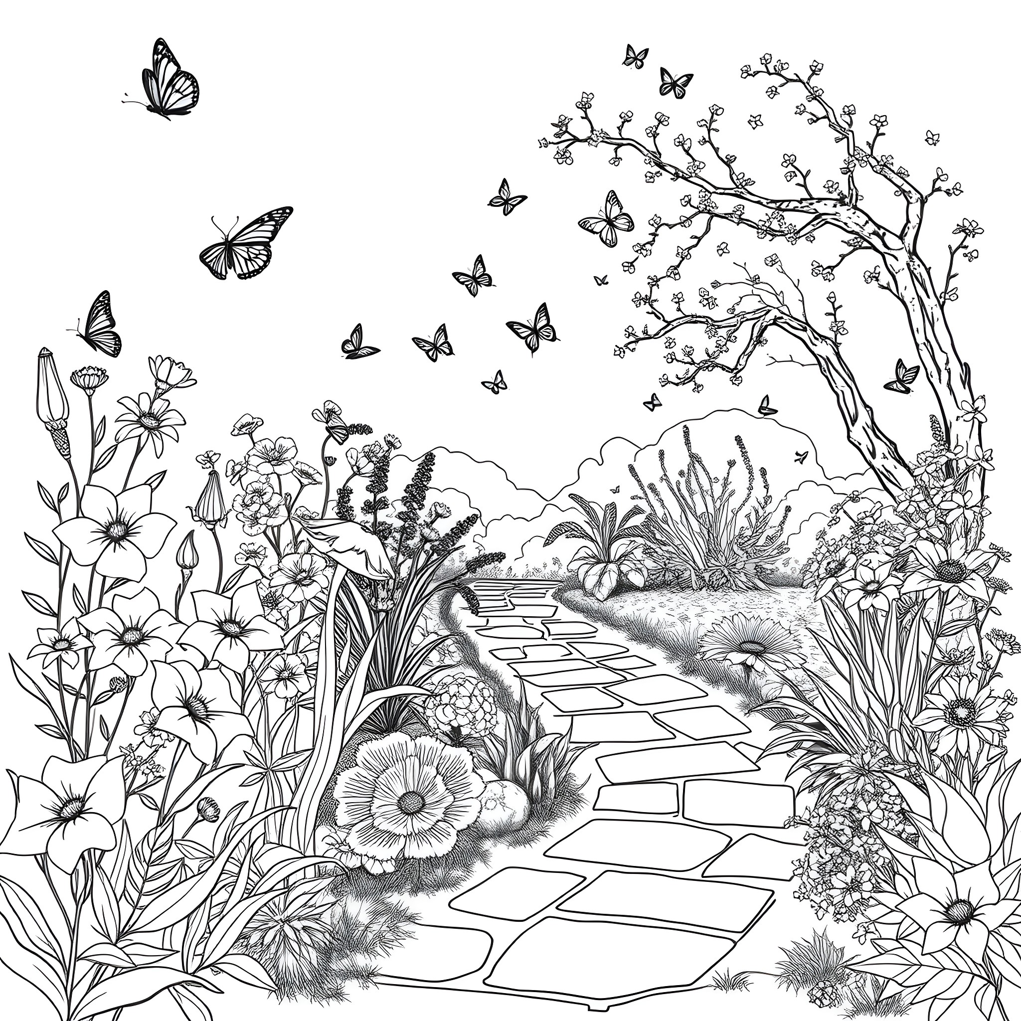 Garden path through a blooming landscape Coloring Page (free black-and-white line drawing printable PDF for all, from beginners to advanced learners, including children, teens, adults, and seniors)