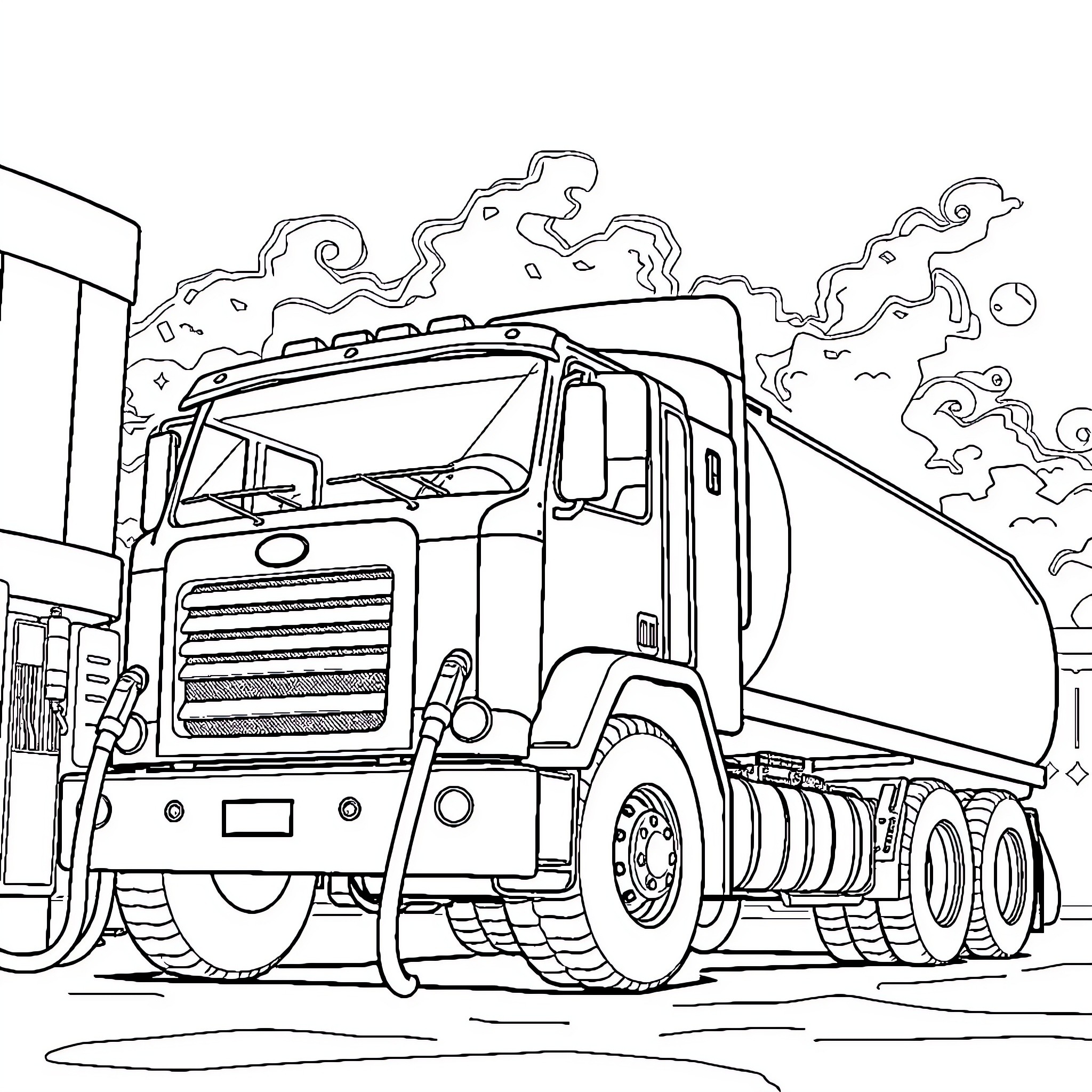 Camion transporting cargo through industrial scene Coloring Page (free black-and-white line drawing printable PDF for all, from beginners to advanced learners, including children, teens, adults, and seniors)