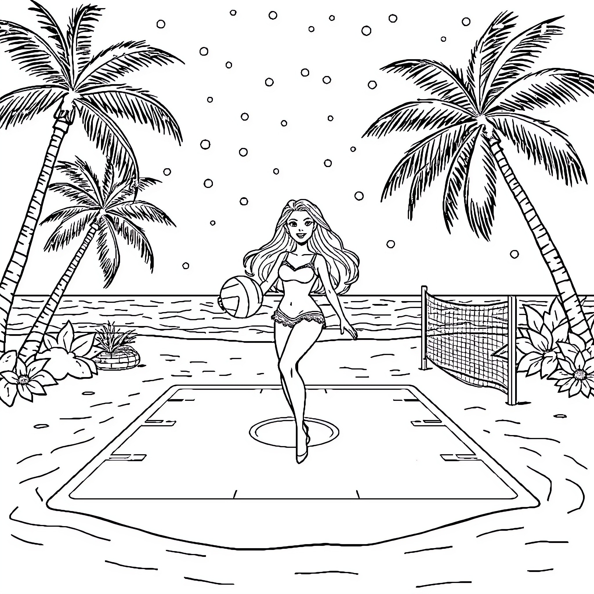 Barbie enjoying beach volleyball on a tropical island Coloring Page (free black-and-white line drawing printable PDF for all, from beginners to advanced learners, including children, teens, adults, and seniors)