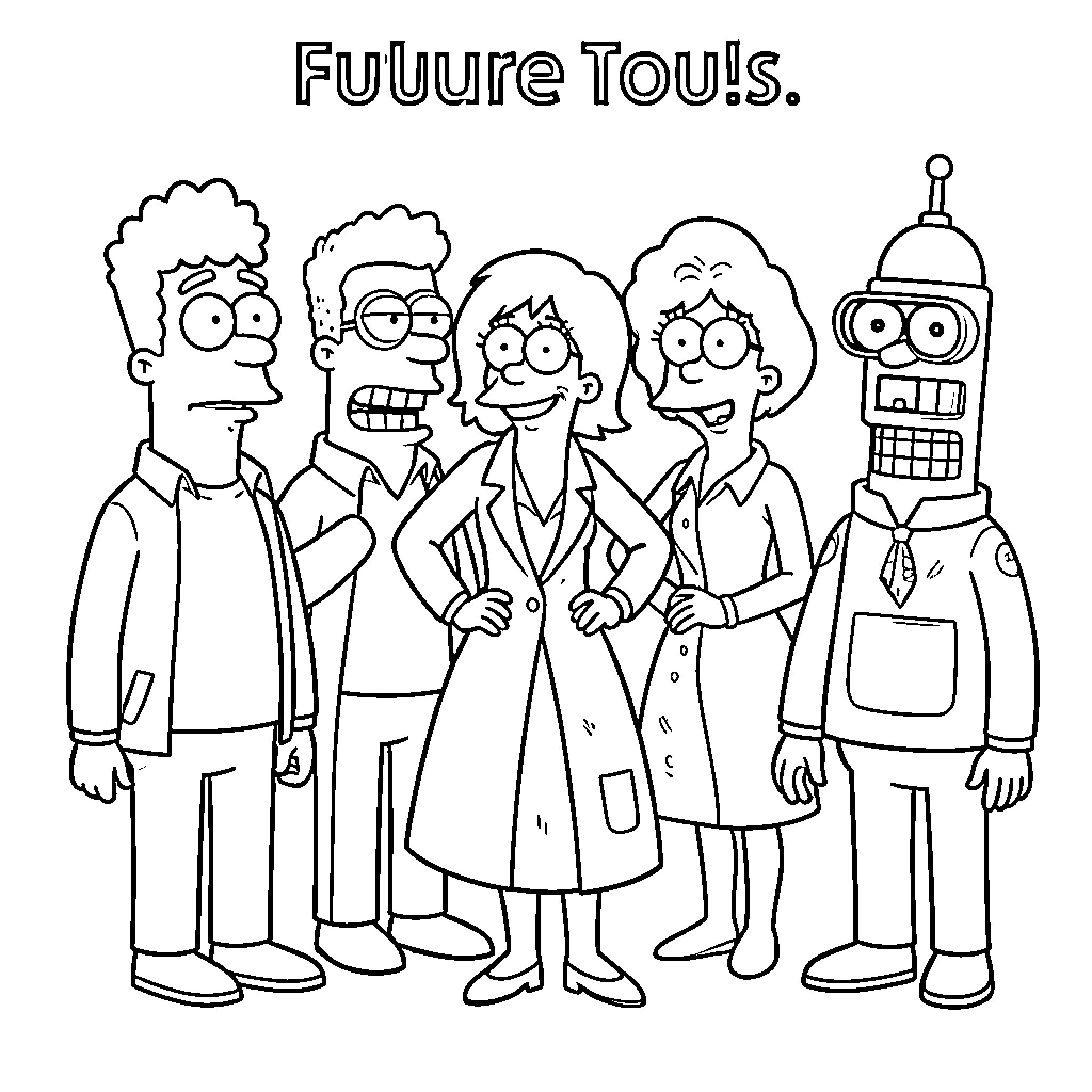Futurama Character group standing together with various expressions Coloring Page (free black-and-white line drawing printable PDF for all, from beginners to advanced learners, including children, teens, adults, and seniors)