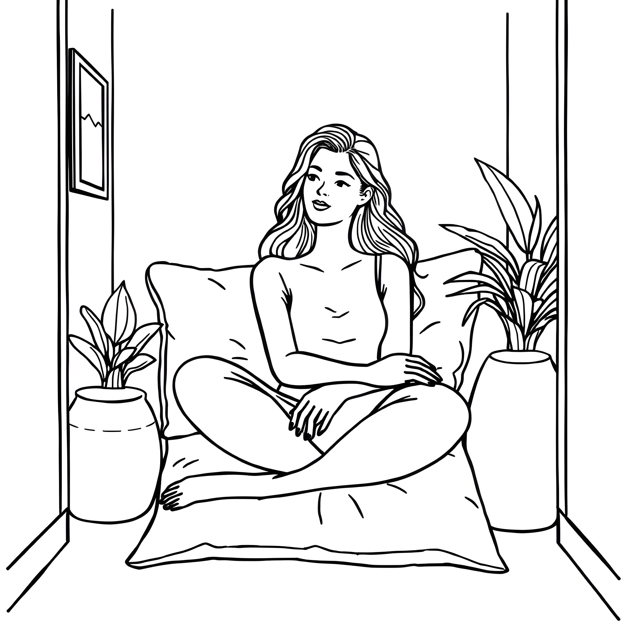 Woman relaxing comfortably in the room Coloring Page (free black-and-white line drawing printable PDF for all, from beginners to advanced learners, including children, teens, adults, and seniors)