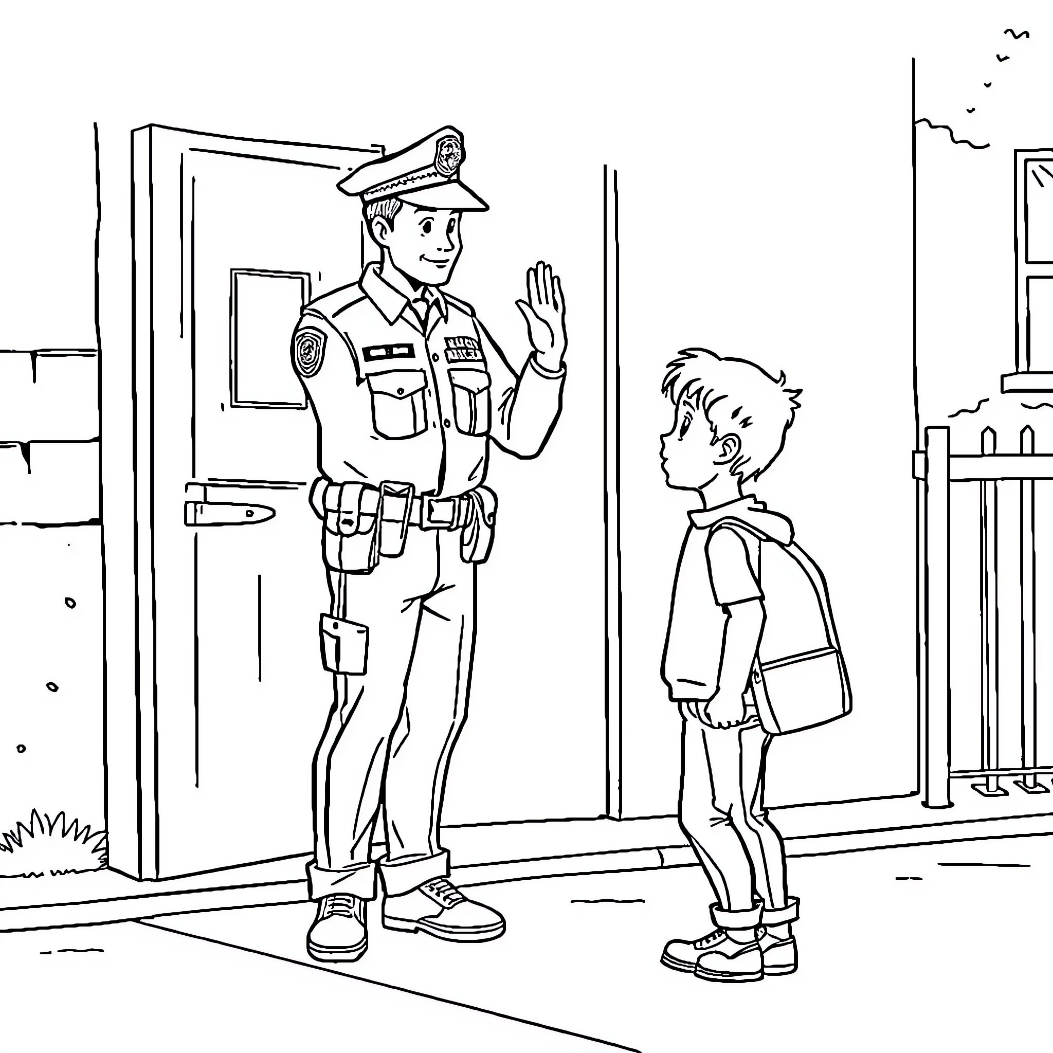 Boy greeting police officer at the station Coloring Page (free black-and-white line drawing printable PDF for all, from beginners to advanced learners, including children, teens, adults, and seniors)