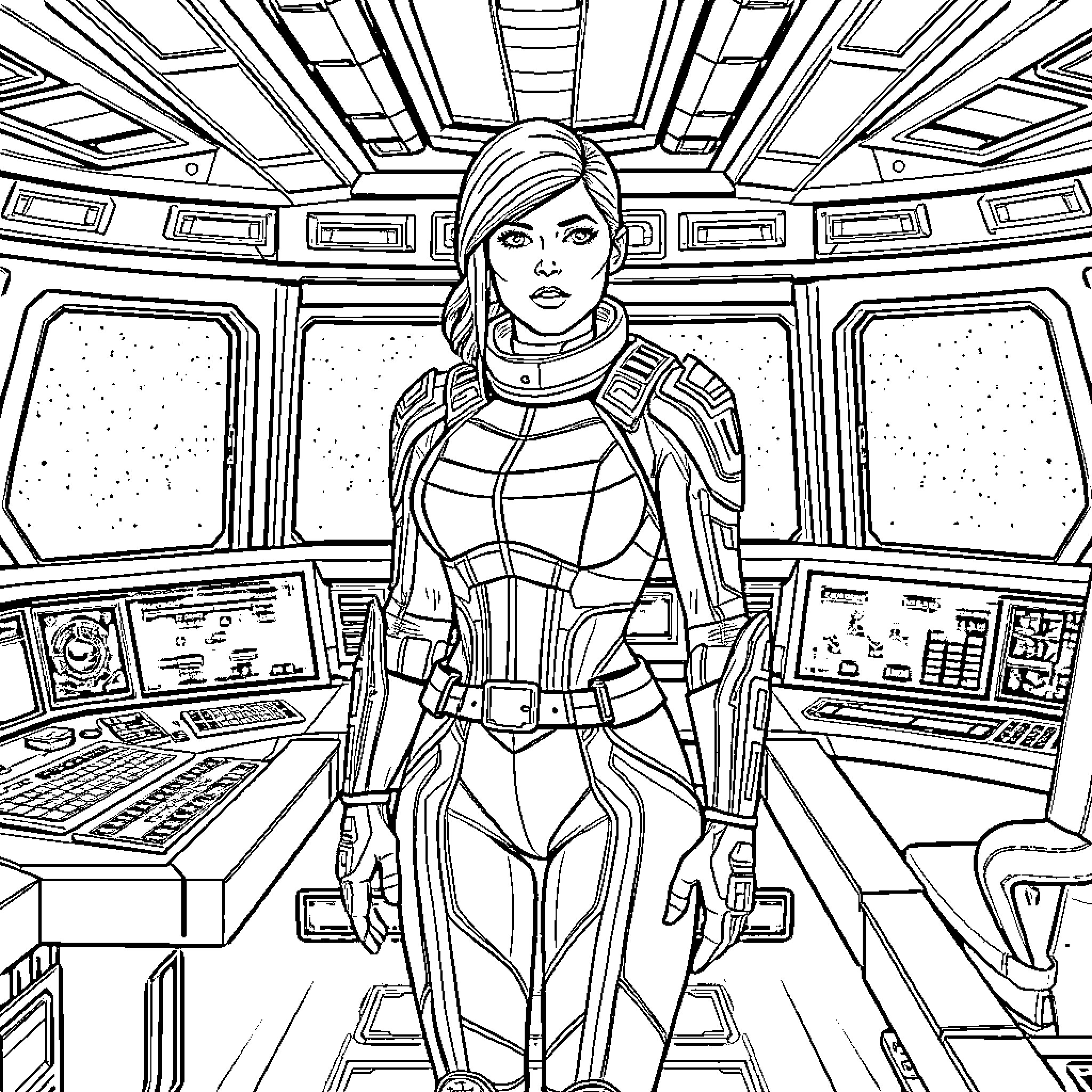 Commander Shepard in Futuristic Spacecraft Cockpit Coloring Page (free black-and-white line drawing printable PDF for all, from beginners to advanced learners, including children, teens, adults, and seniors)