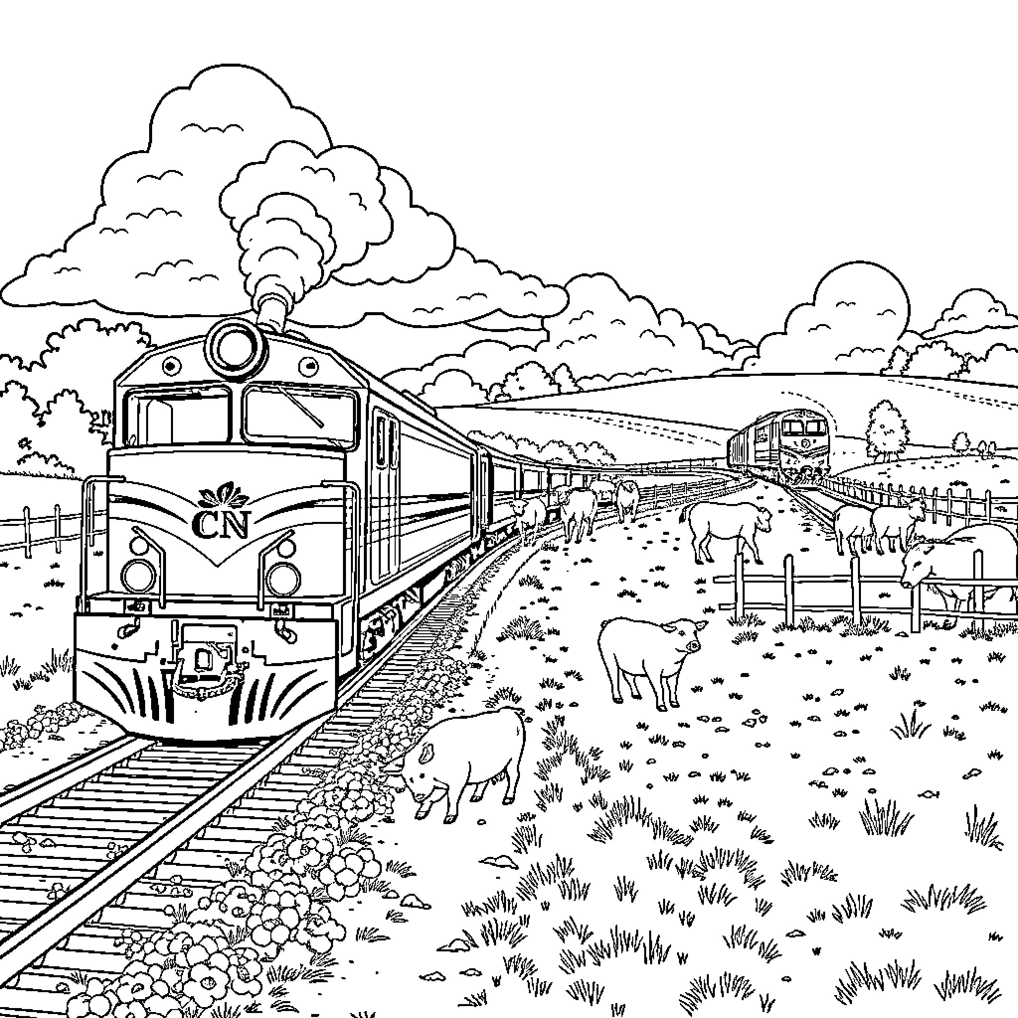 Train traveling through scenic countryside landscape Coloring Page (free black-and-white line drawing printable PDF for all, from beginners to advanced learners, including children, teens, adults, and seniors)