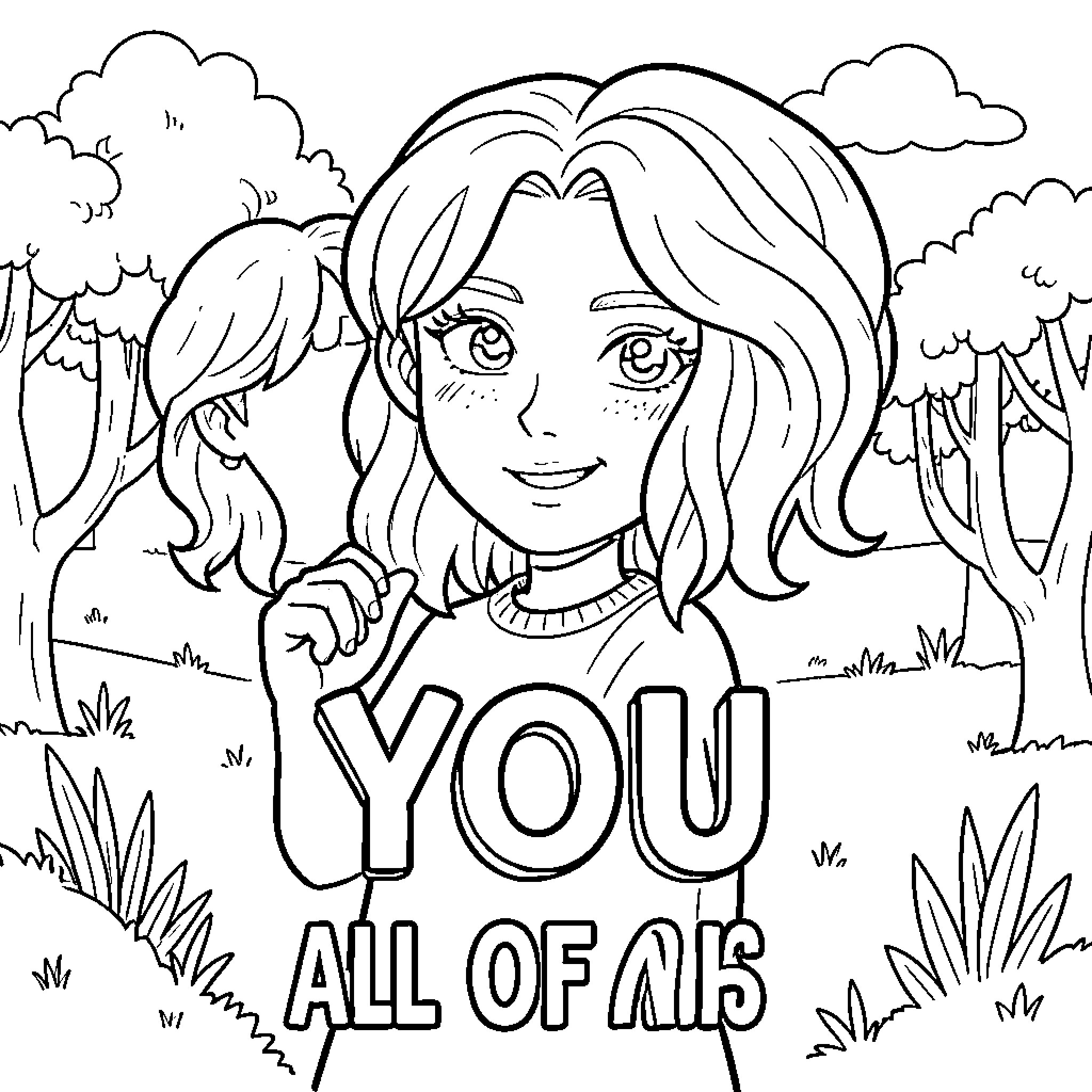 Not Yall smiling girl posing in nature Coloring Page (free black-and-white line drawing printable PDF for all, from beginners to advanced learners, including children, teens, adults, and seniors)