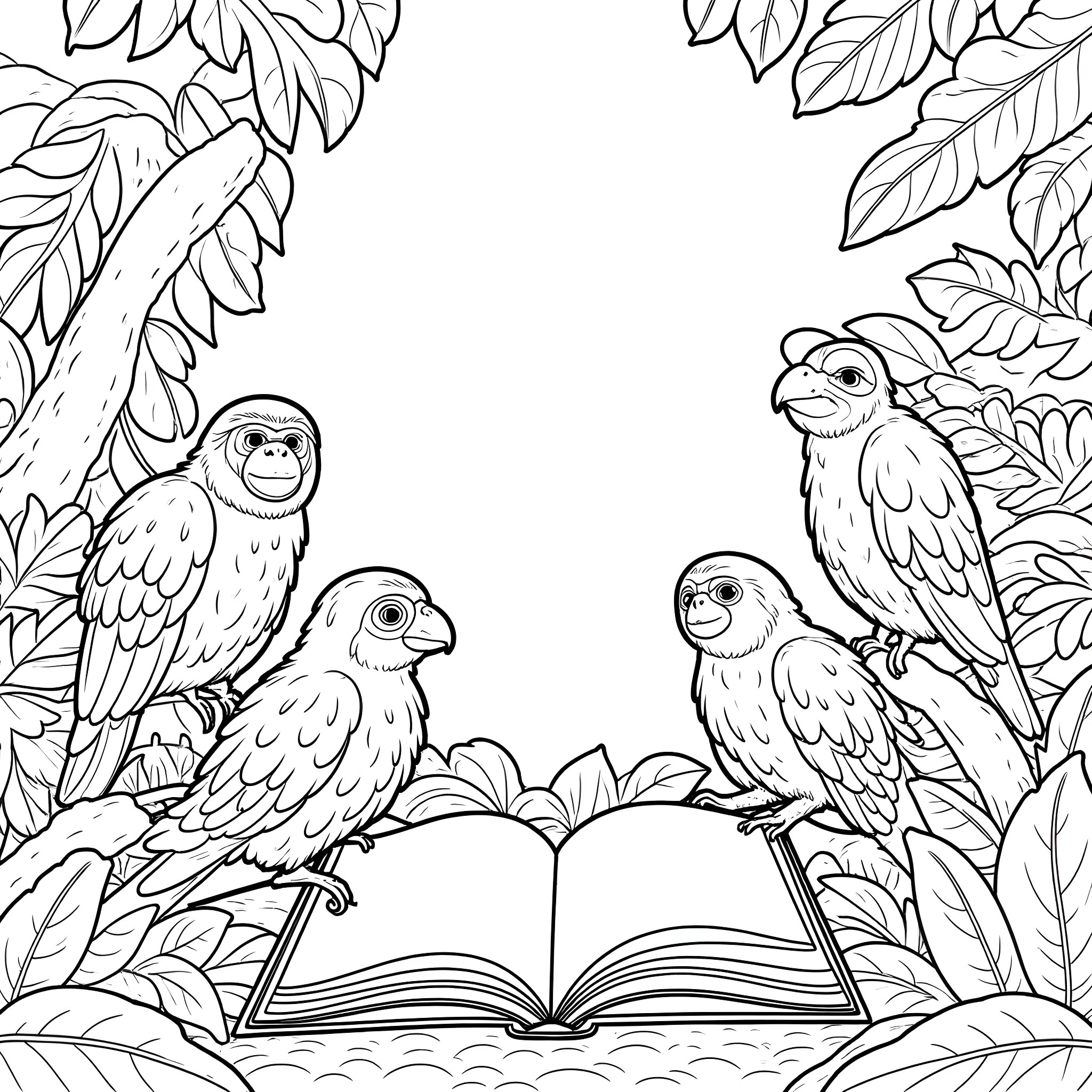 Book with parrots in a tropical jungle scene Coloring Page (free black-and-white line drawing printable PDF for all, from beginners to advanced learners, including children, teens, adults, and seniors)