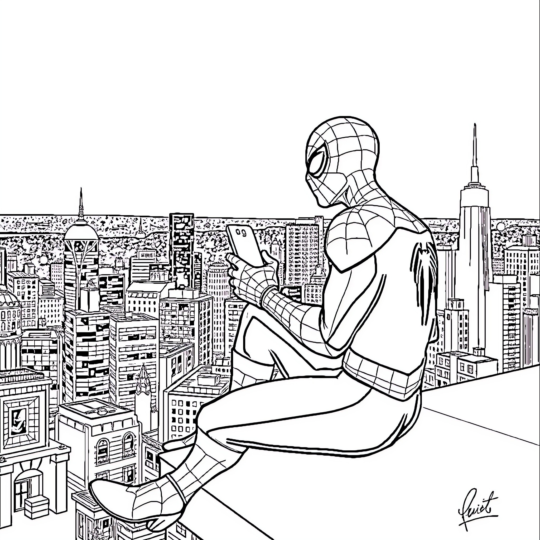 Spiderman contemplating on top of a skyscraper Coloring Page (free black-and-white line drawing printable PDF for all, from beginners to advanced learners, including children, teens, adults, and seniors)
