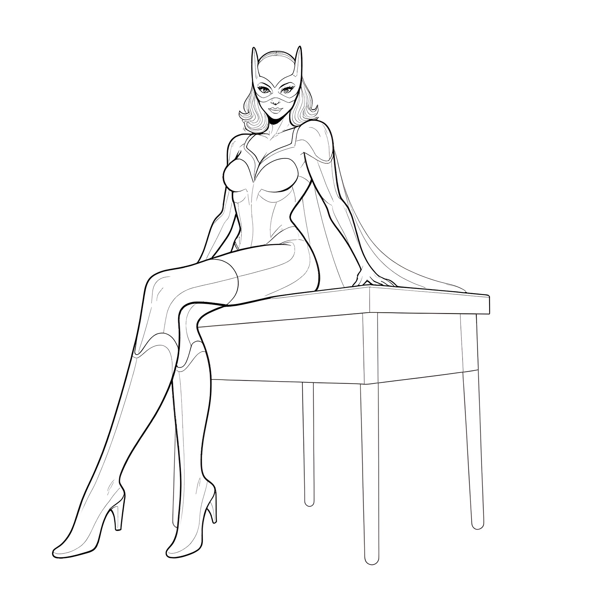 Catwoman in a confident pose Coloring Page (free black-and-white line drawing printable PDF for all, from beginners to advanced learners, including children, teens, adults, and seniors)