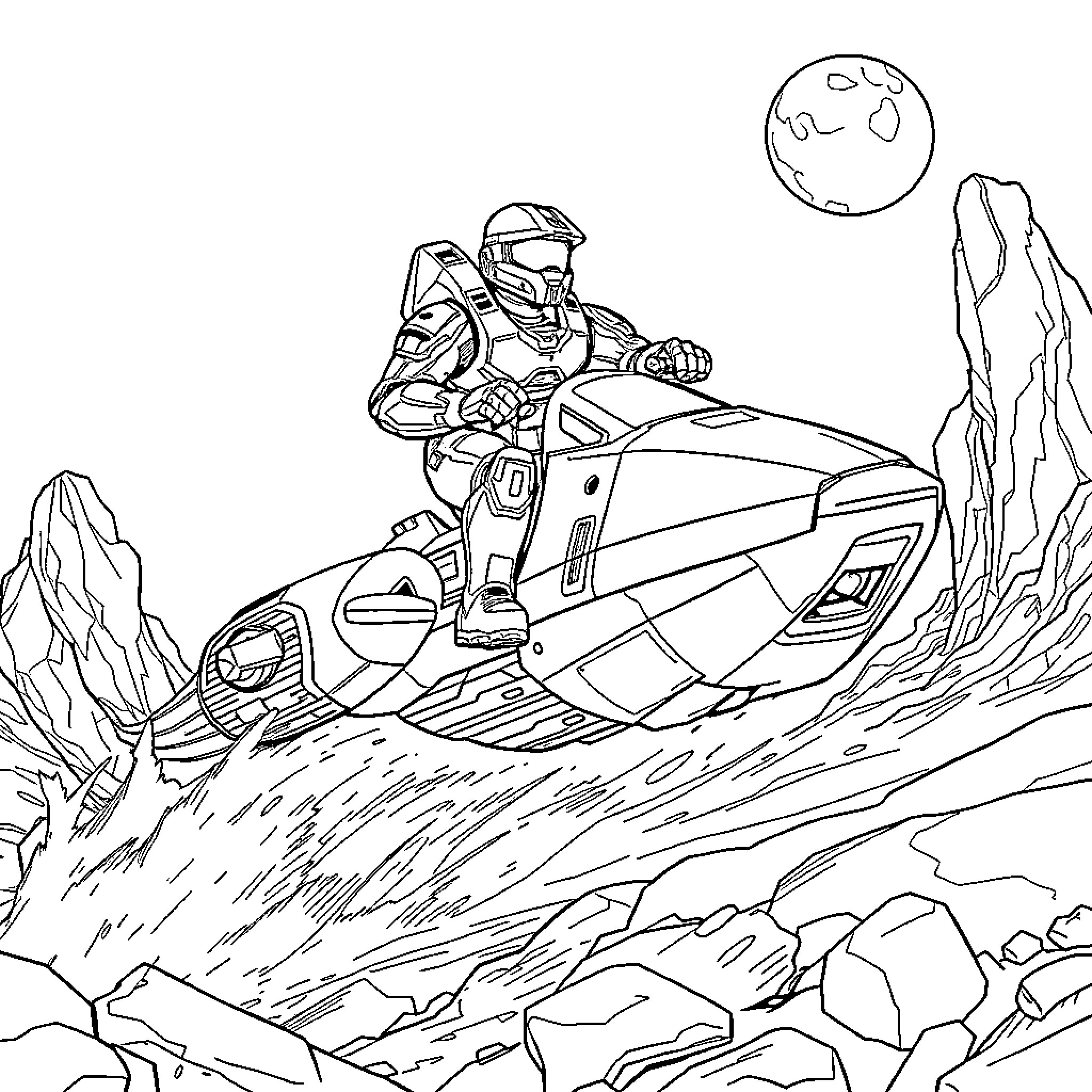Master Chief riding an advanced vehicle through a rugged terrain Coloring Page (free black-and-white line drawing printable PDF for all, from beginners to advanced learners, including children, teens, adults, and seniors)