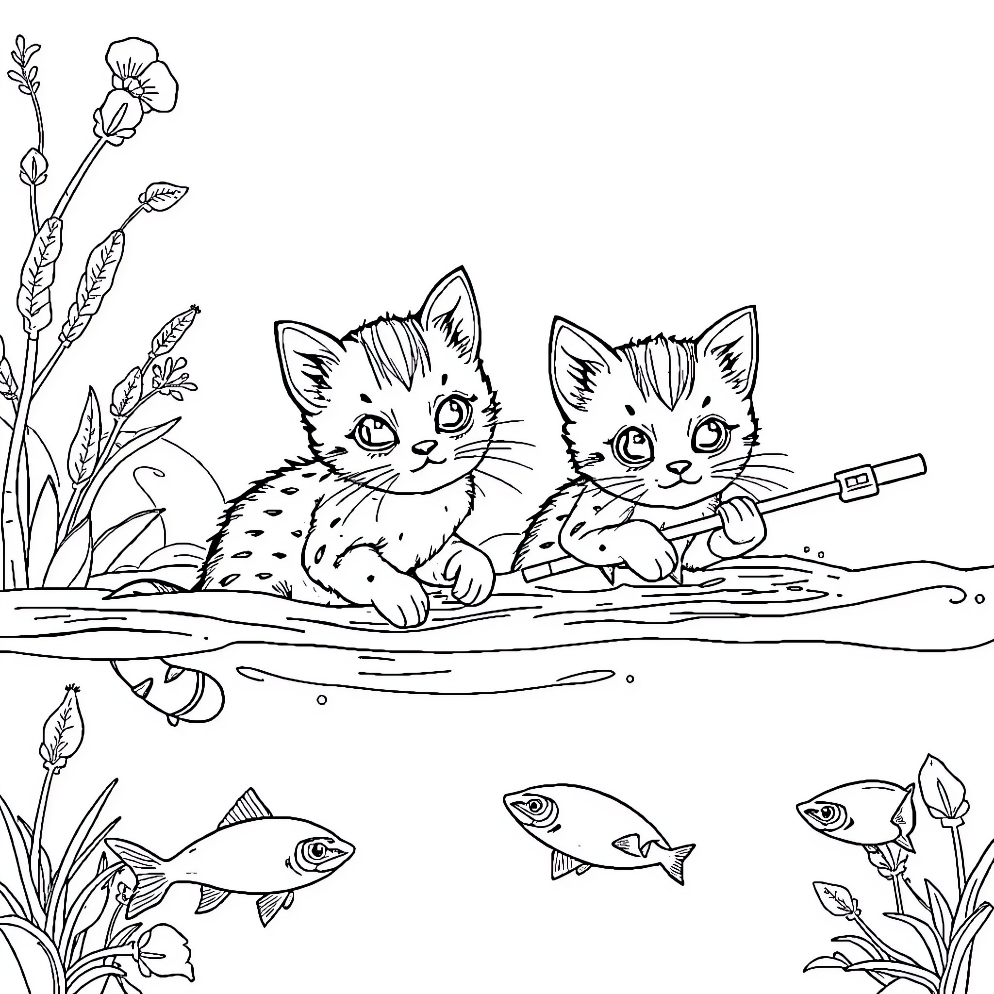 Gatito kittens playing near the water Coloring Page (free black-and-white line drawing printable PDF for all, from beginners to advanced learners, including children, teens, adults, and seniors)