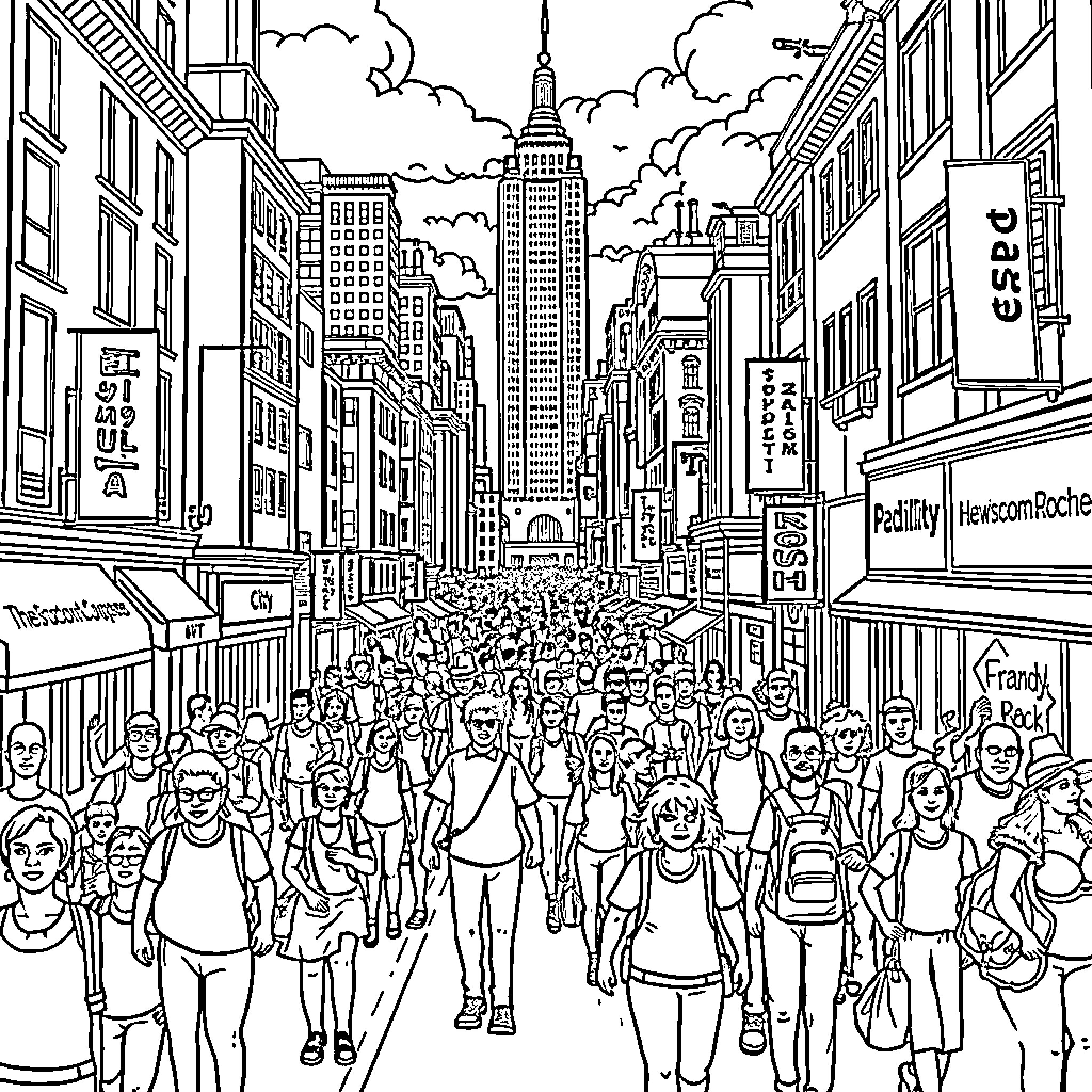 City street filled with a busy crowd of people Coloring Page (free black-and-white line drawing printable PDF for all, from beginners to advanced learners, including children, teens, adults, and seniors)