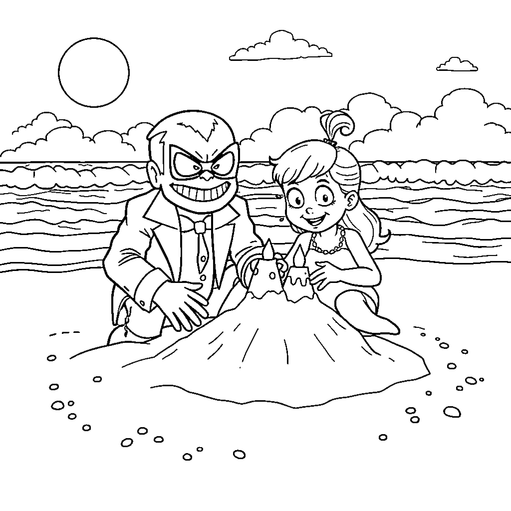 Doctor Evil scheming with sidekick on the beach Coloring Page (free black-and-white line drawing printable PDF for all, from beginners to advanced learners, including children, teens, adults, and seniors)