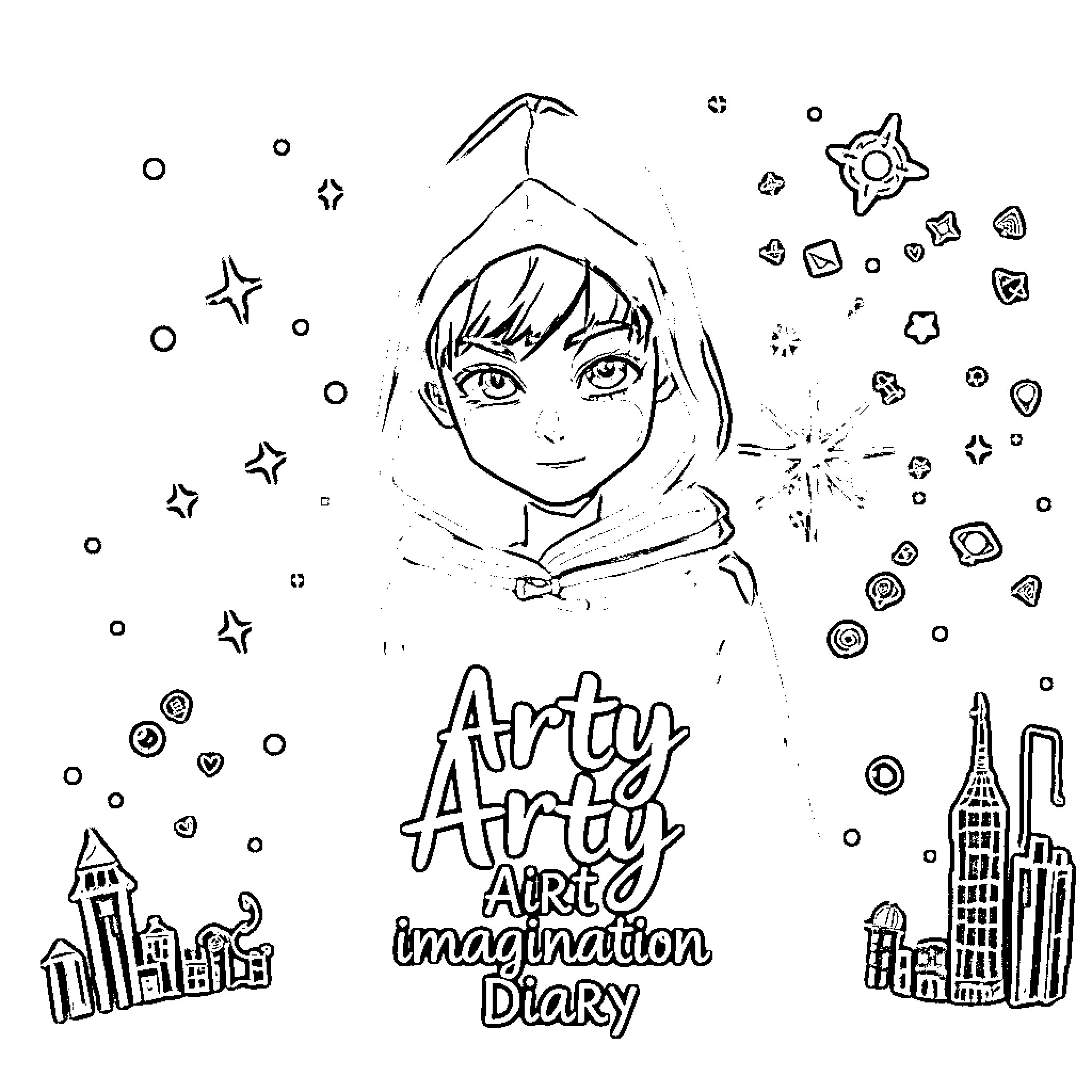 Boy with hood gazing at sparkling stars and shapes Coloring Page (free black-and-white line drawing printable PDF for all, from beginners to advanced learners, including children, teens, adults, and seniors)