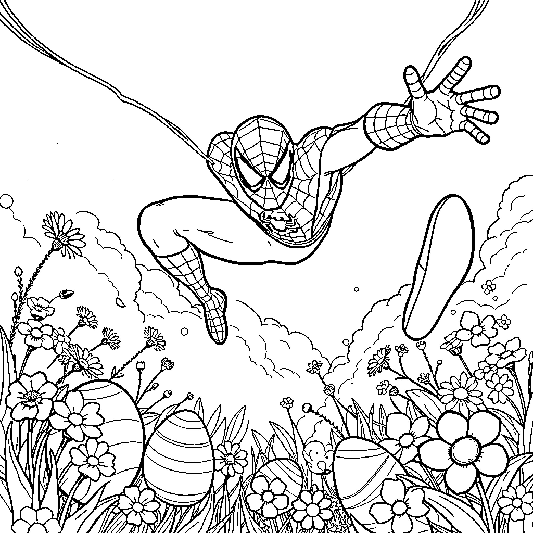 Spiderman swinging through a floral landscape Coloring Page (free black-and-white line drawing printable PDF for all, from beginners to advanced learners, including children, teens, adults, and seniors)