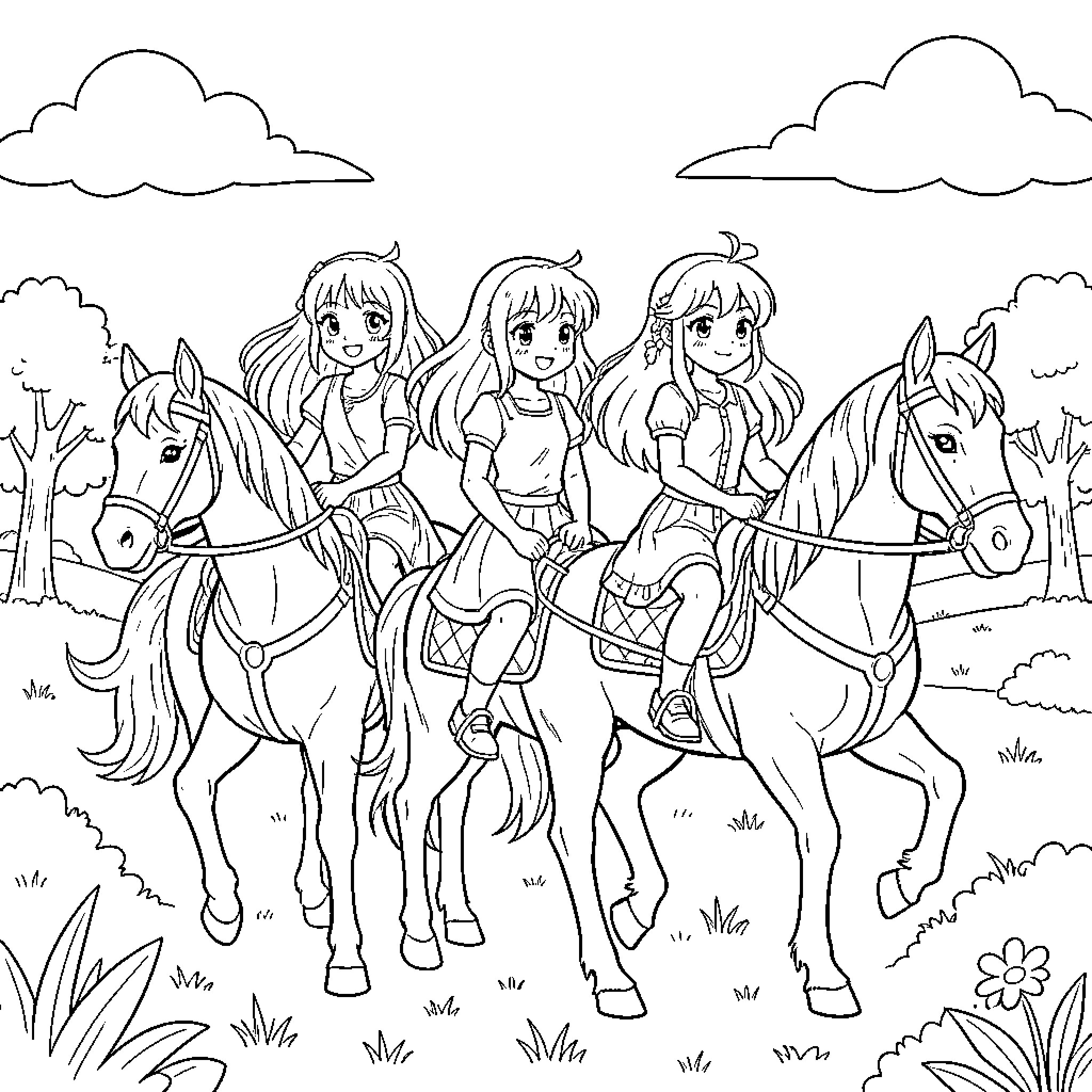 Anime Girl riding horses through a grassy field Coloring Page (free black-and-white line drawing printable PDF for all, from beginners to advanced learners, including children, teens, adults, and seniors)