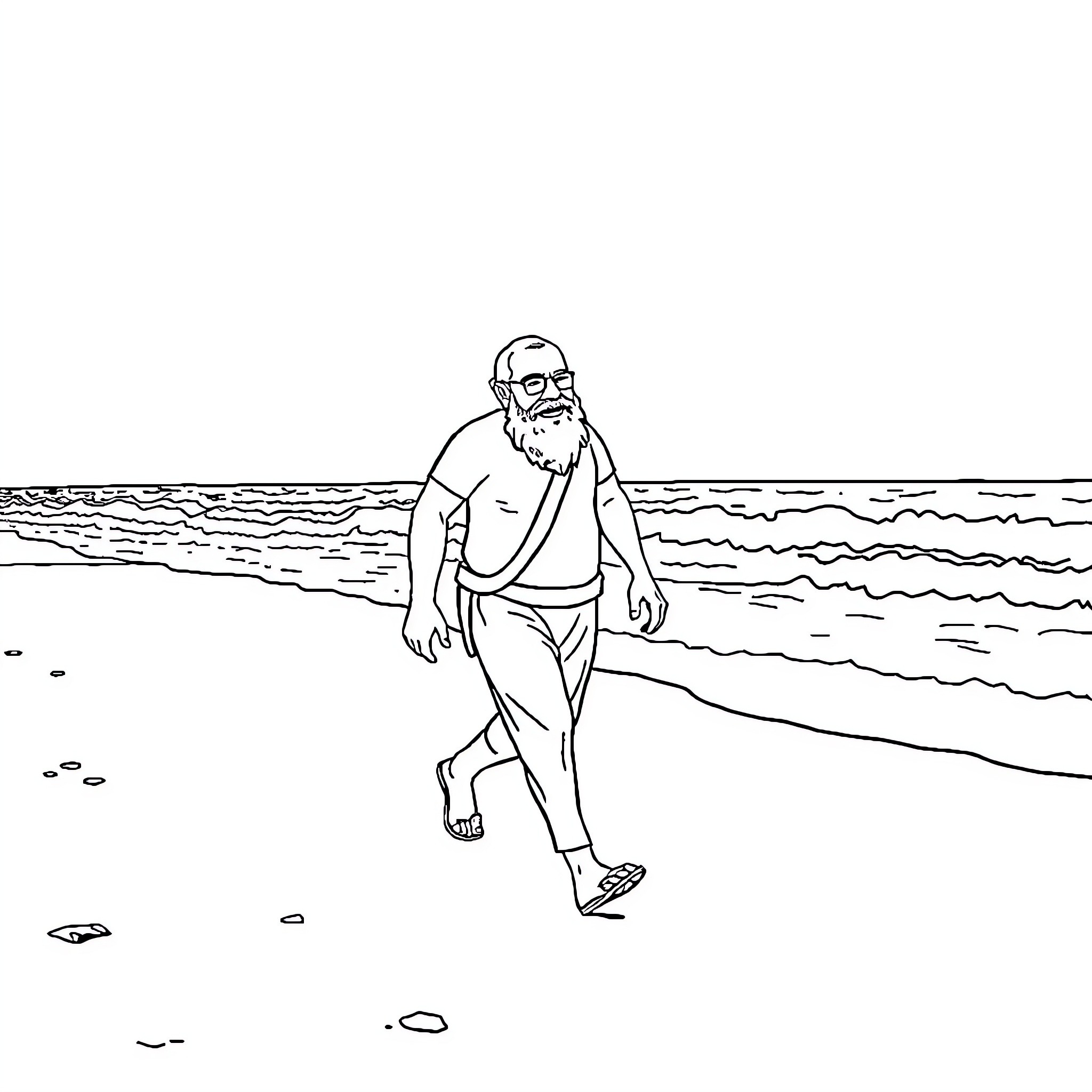 Modi enjoying a peaceful walk on the beach Coloring Page (free black-and-white line drawing printable PDF for all, from beginners to advanced learners, including children, teens, adults, and seniors)