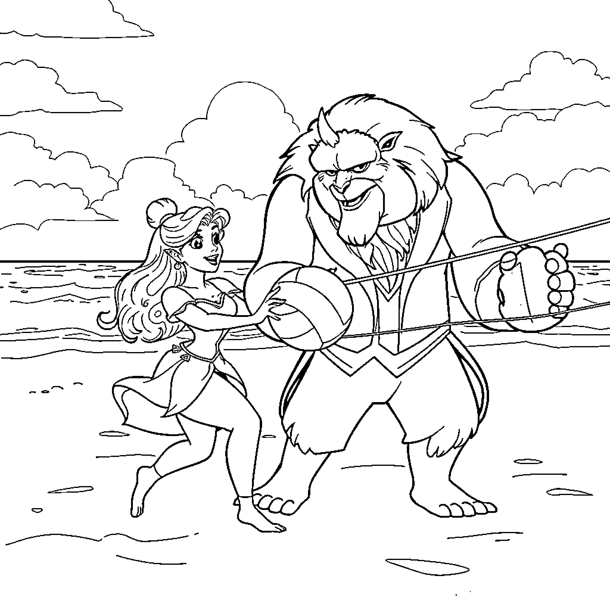 Beauty And The Beast Outdoor Adventure Coloring Page (free black-and-white line drawing printable PDF for all, from beginners to advanced learners, including children, teens, adults, and seniors)