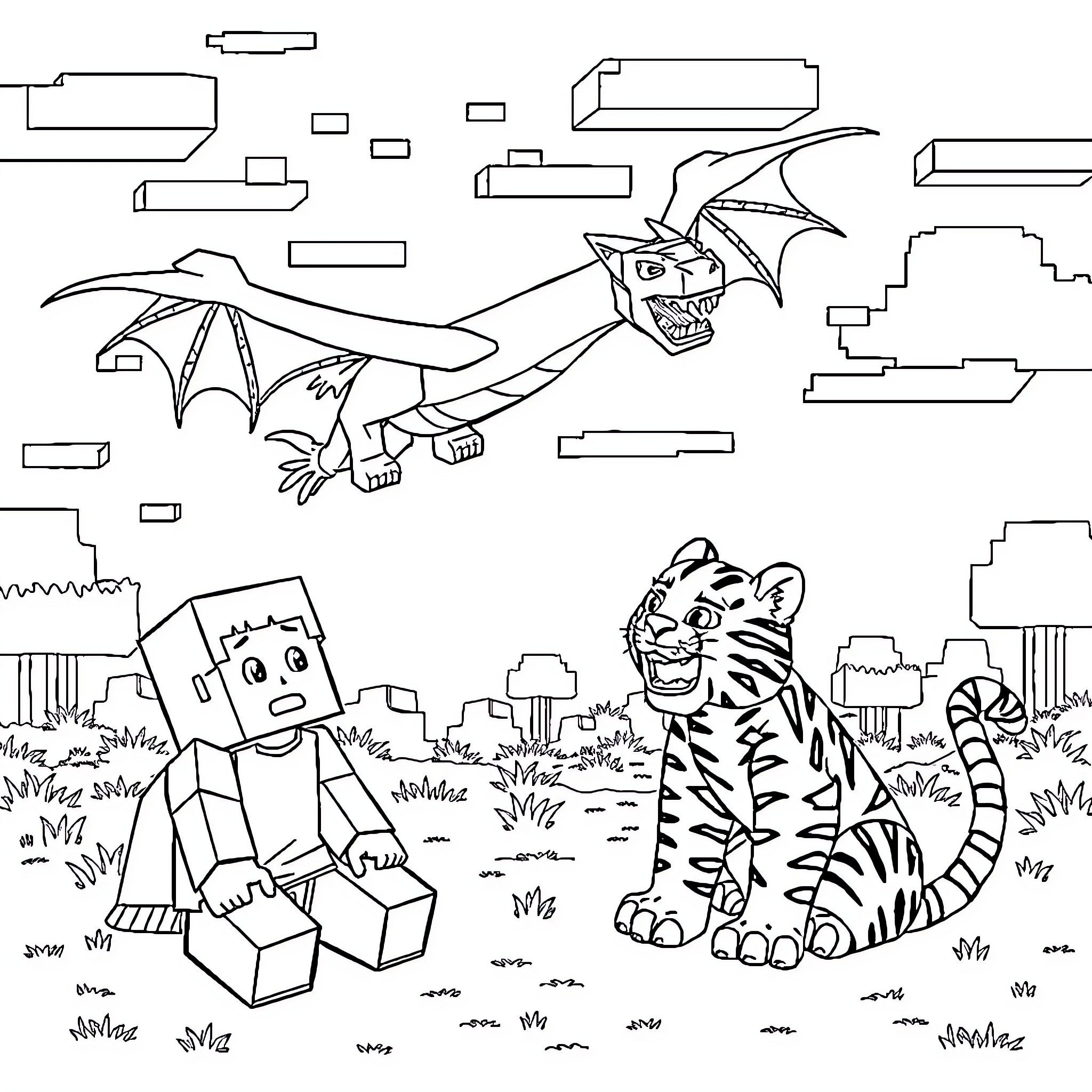 Dragon soaring over a blocky, pixelated landscape Coloring Page (free black-and-white line drawing printable PDF for all, from beginners to advanced learners, including children, teens, adults, and seniors)