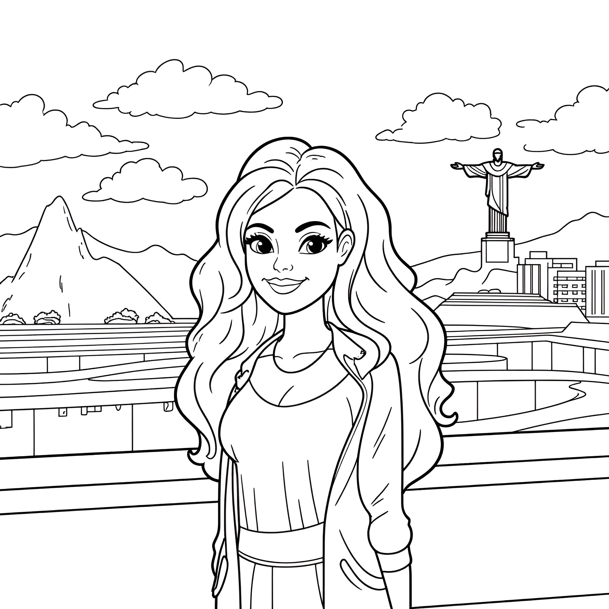 Bobbie Goods exploring the wonders of Rio de Janeiro Coloring Page (free black-and-white line drawing printable PDF for all, from beginners to advanced learners, including children, teens, adults, and seniors)