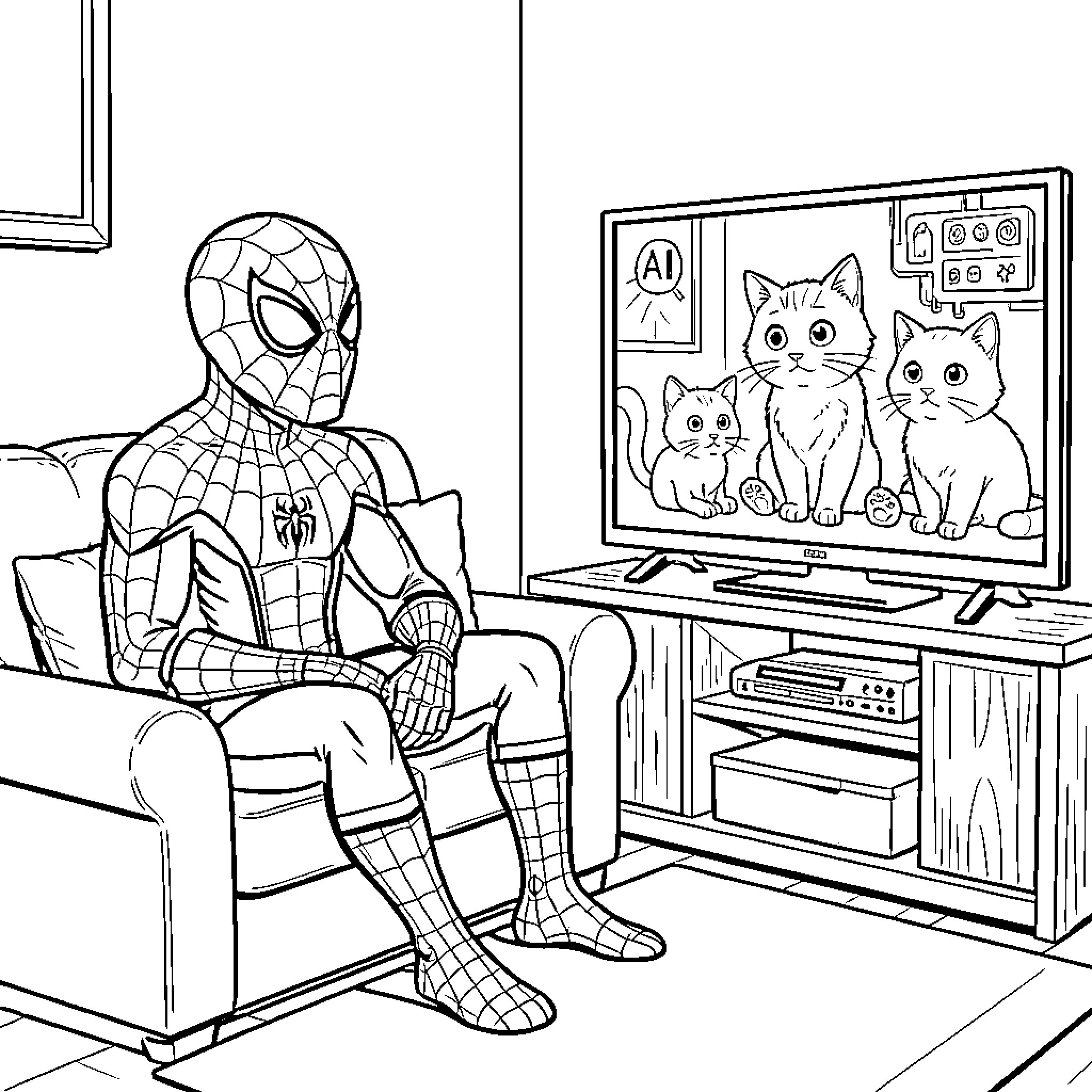 Spiderman sitting on a couch watching cats on television Coloring Page (free black-and-white line drawing printable PDF for all, from beginners to advanced learners, including children, teens, adults, and seniors)