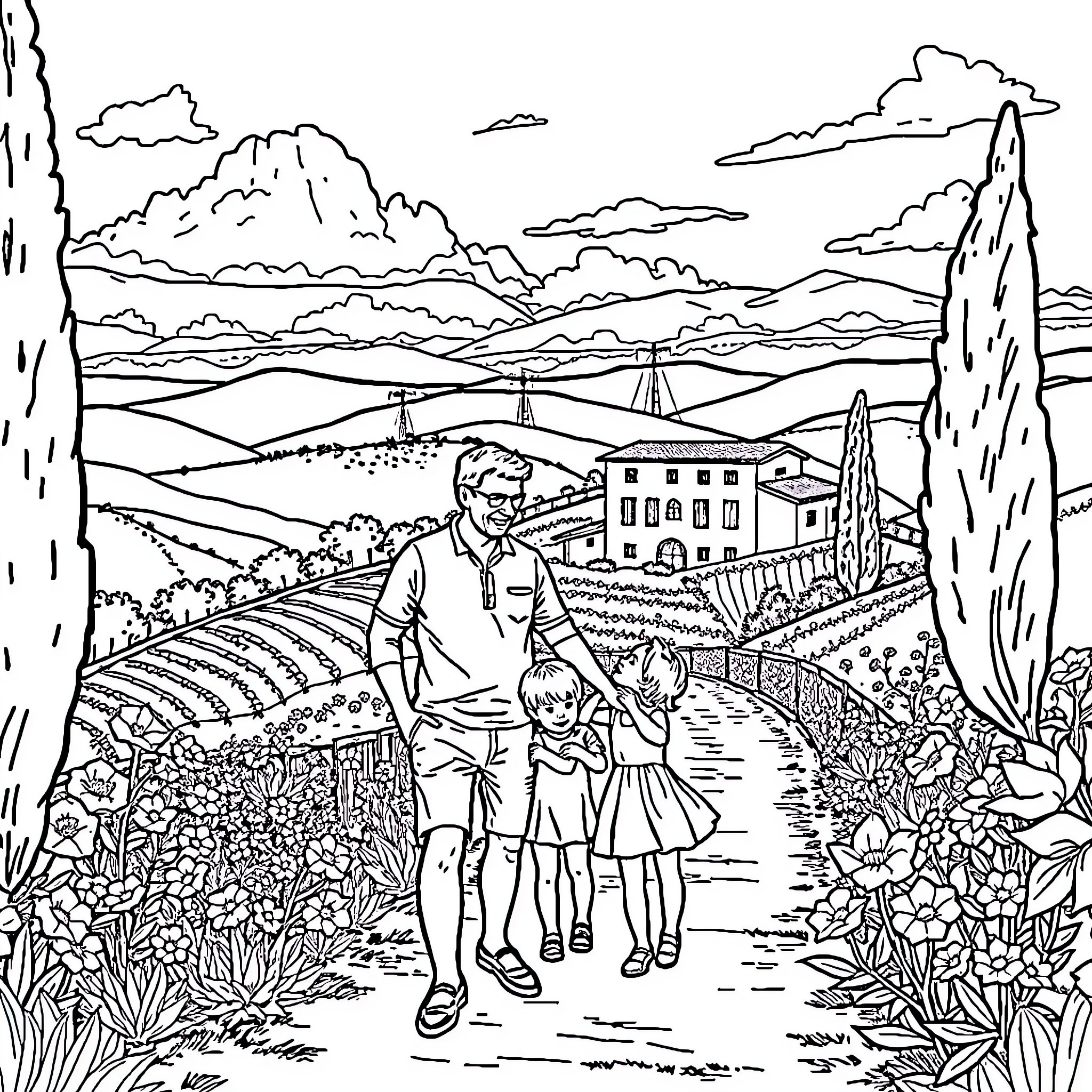Family Strolling Through Picturesque Countryside Landscape Coloring Page (free black-and-white line drawing printable PDF for all, from beginners to advanced learners, including children, teens, adults, and seniors)