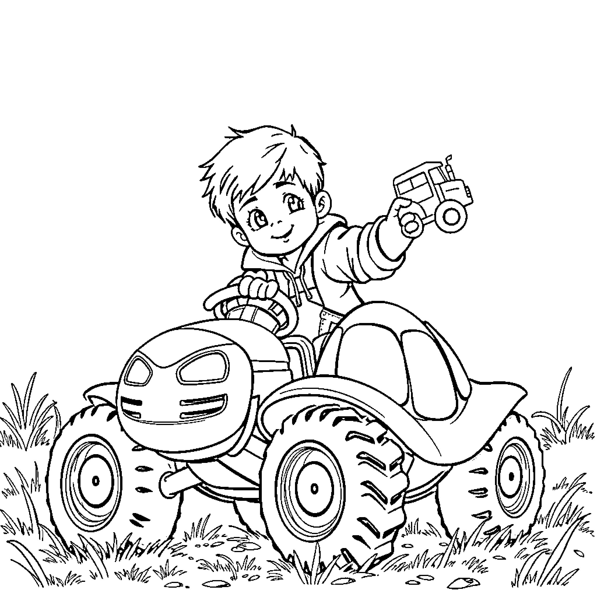 Niño playing happily with tractor in the field Coloring Page (free black-and-white line drawing printable PDF for all, from beginners to advanced learners, including children, teens, adults, and seniors)