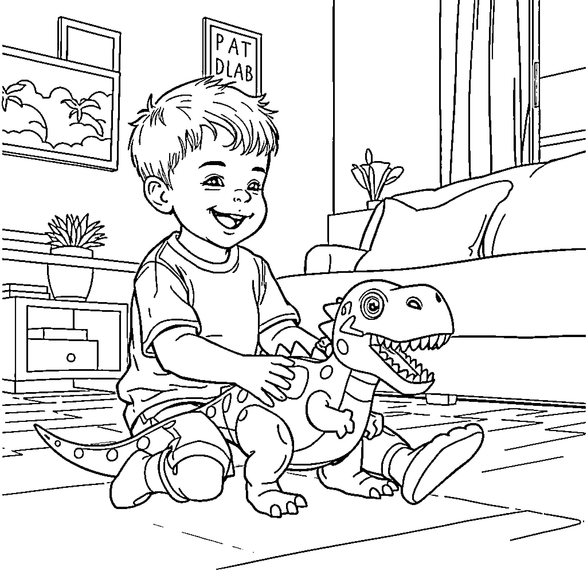 Boy playing happily with toy dinosaur Coloring Page (free black-and-white line drawing printable PDF for all, from beginners to advanced learners, including children, teens, adults, and seniors)