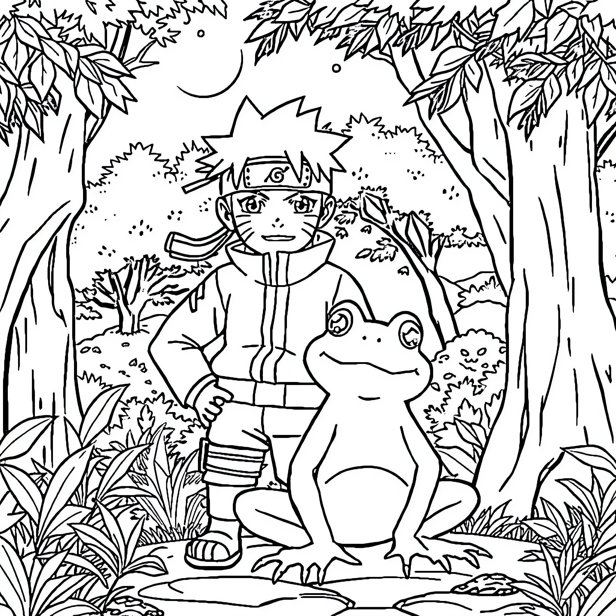 Naruto and Toad Companion in Lush Forest Landscape Coloring Page (free black-and-white line drawing printable PDF for all, from beginners to advanced learners, including children, teens, adults, and seniors)