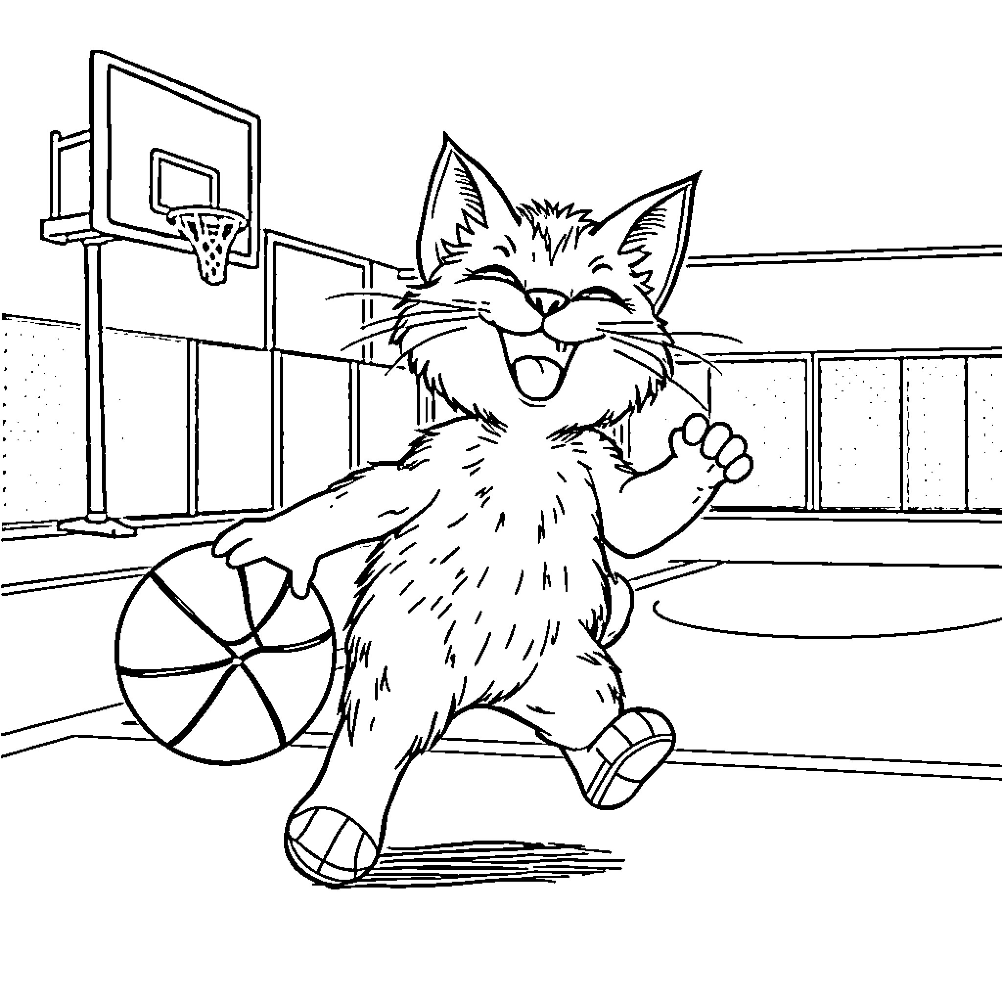 Cat playing with basketball on court Coloring Page (free black-and-white line drawing printable PDF for all, from beginners to advanced learners, including children, teens, adults, and seniors)