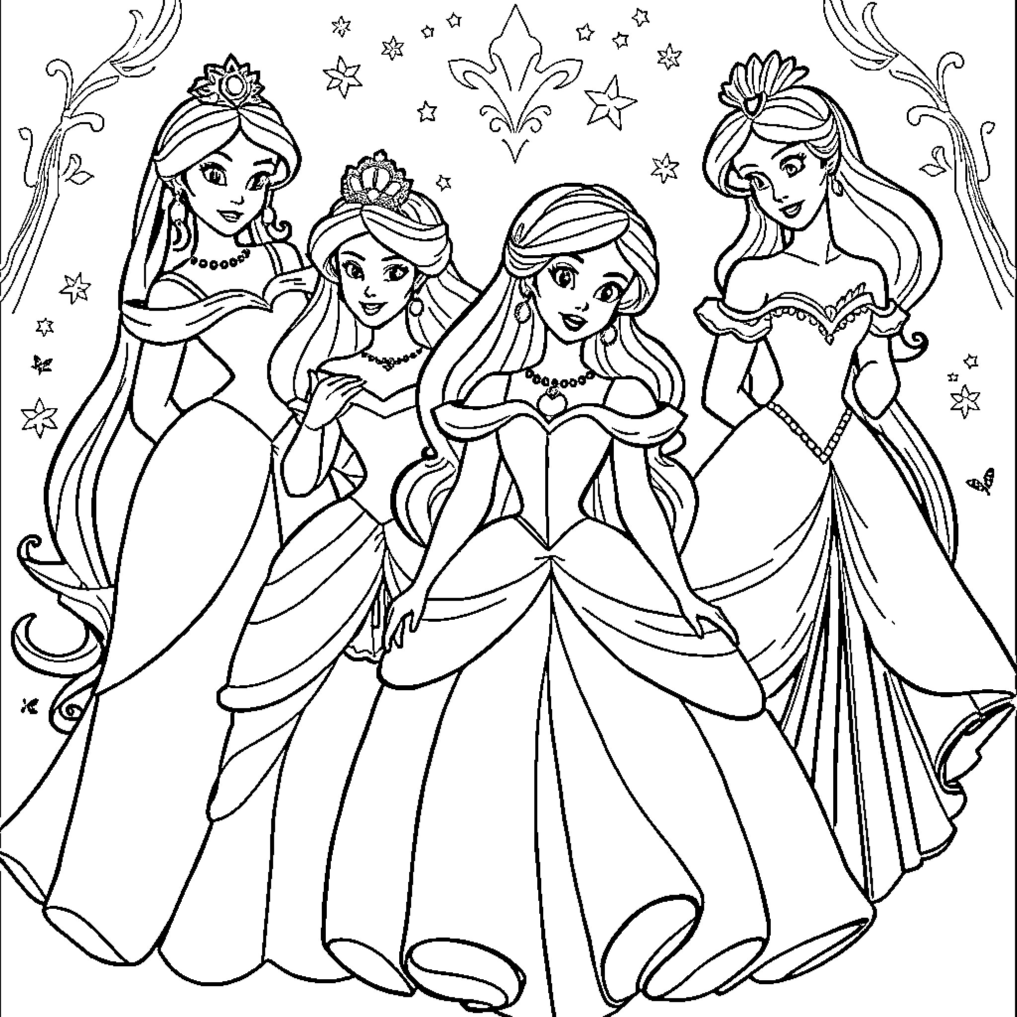 Disney Princesses in Elegant Ball Gowns Coloring Page (free black-and-white line drawing printable PDF for all, from beginners to advanced learners, including children, teens, adults, and seniors)