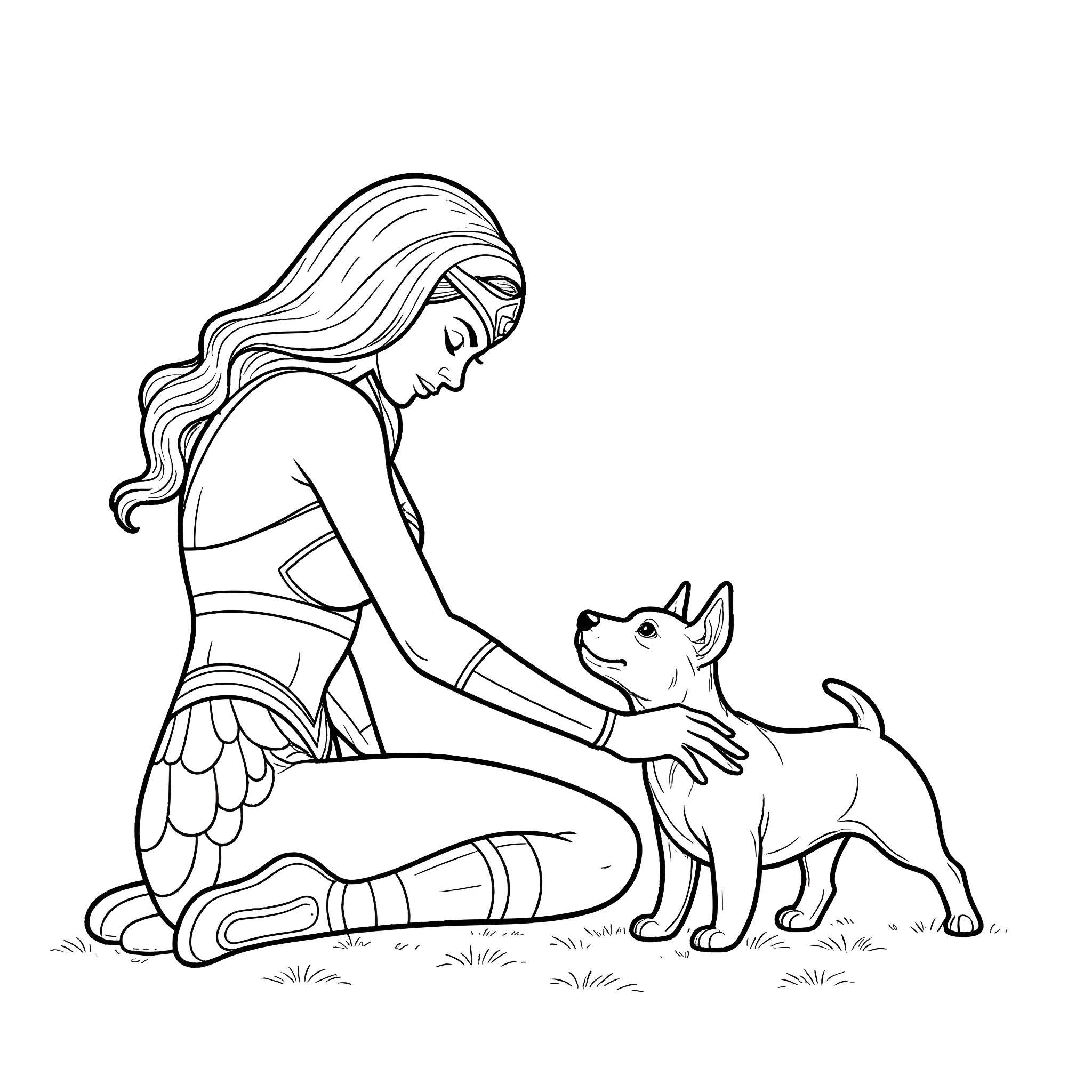 Wonderwoman comforting a puppy in nature Coloring Page (free black-and-white line drawing printable PDF for all, from beginners to advanced learners, including children, teens, adults, and seniors)