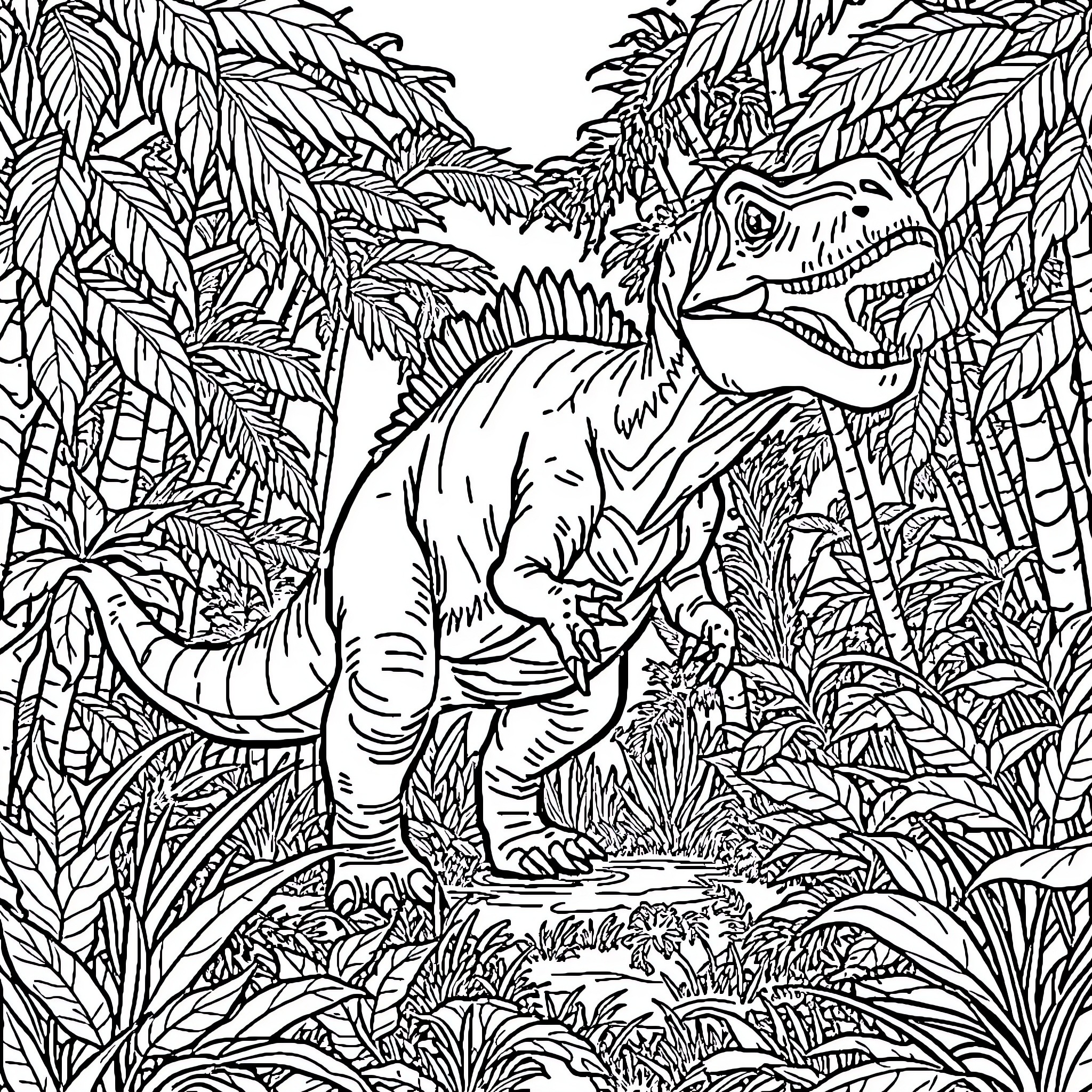 Dinosaur roaming through lush tropical foliage Coloring Page (free black-and-white line drawing printable PDF for all, from beginners to advanced learners, including children, teens, adults, and seniors)