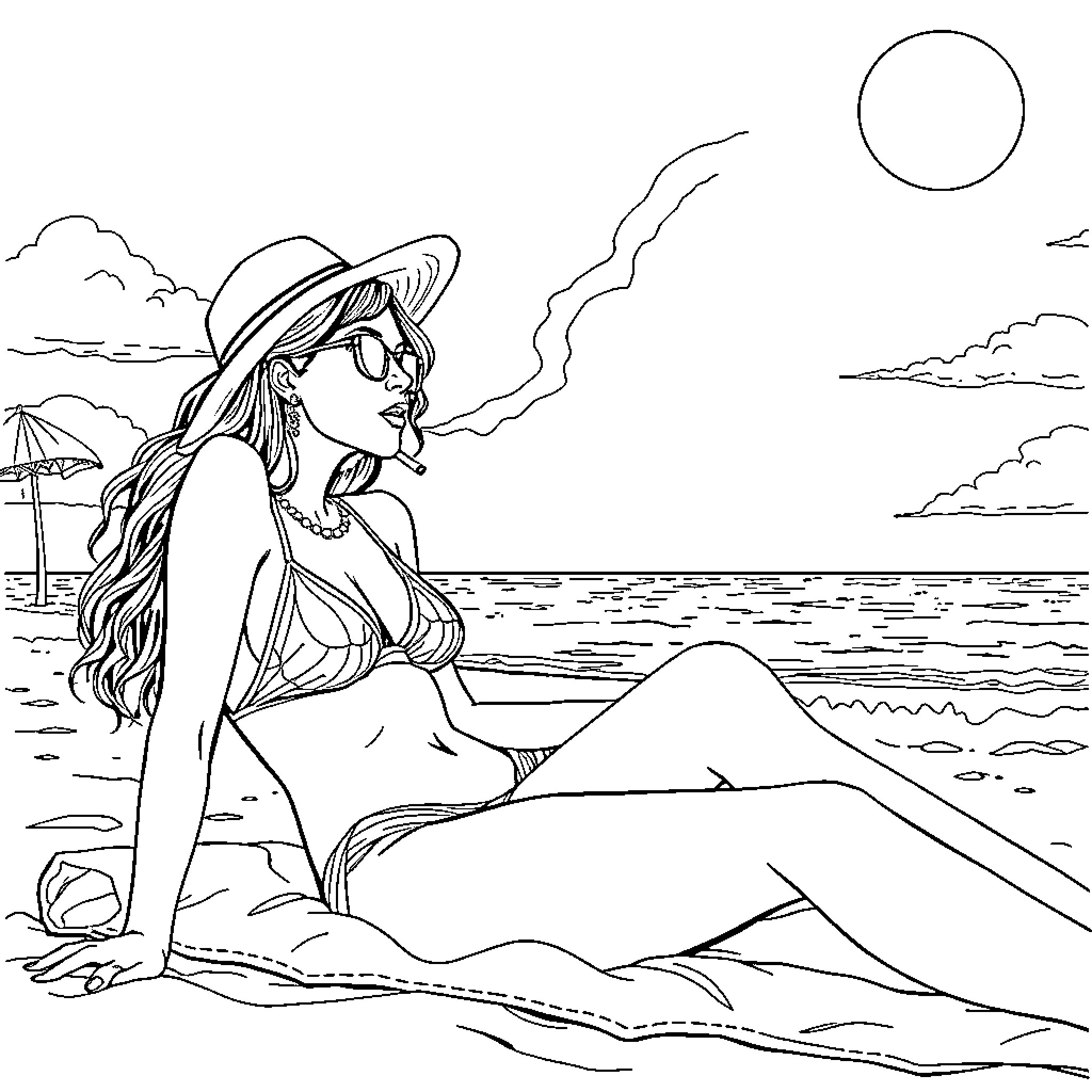 Girl enjoying the beach on a sunny day Coloring Page (free black-and-white line drawing printable PDF for all, from beginners to advanced learners, including children, teens, adults, and seniors)