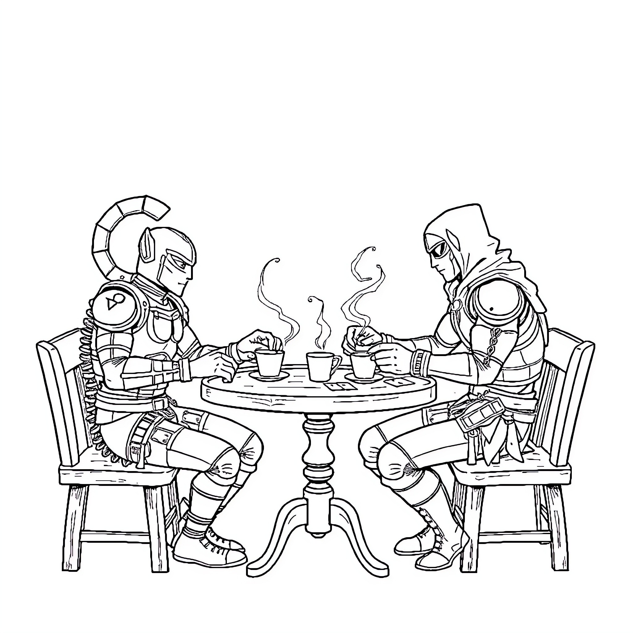 Scorpion warriors sharing a hot drink at the table Coloring Page (free black-and-white line drawing printable PDF for all, from beginners to advanced learners, including children, teens, adults, and seniors)