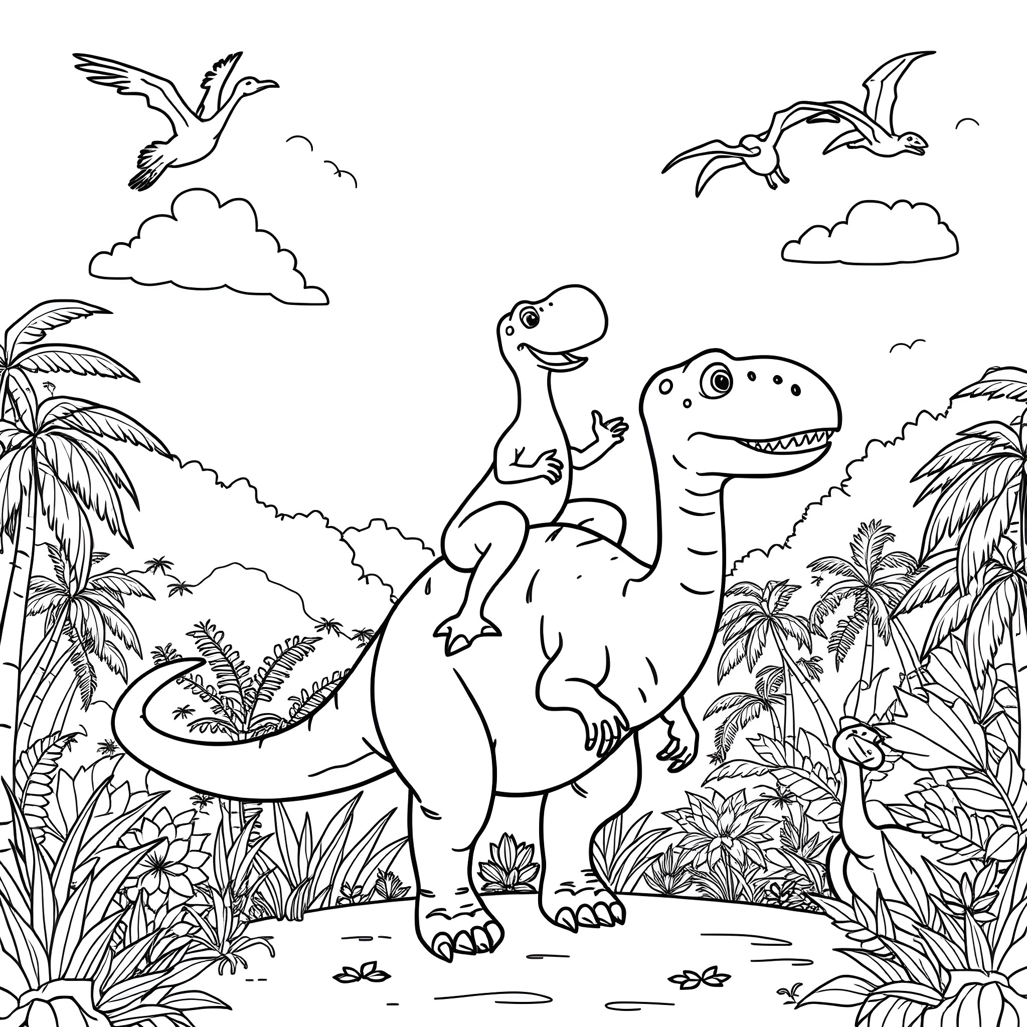 Blippi exploring the prehistoric world with dinosaurs Coloring Page (free black-and-white line drawing printable PDF for all, from beginners to advanced learners, including children, teens, adults, and seniors)