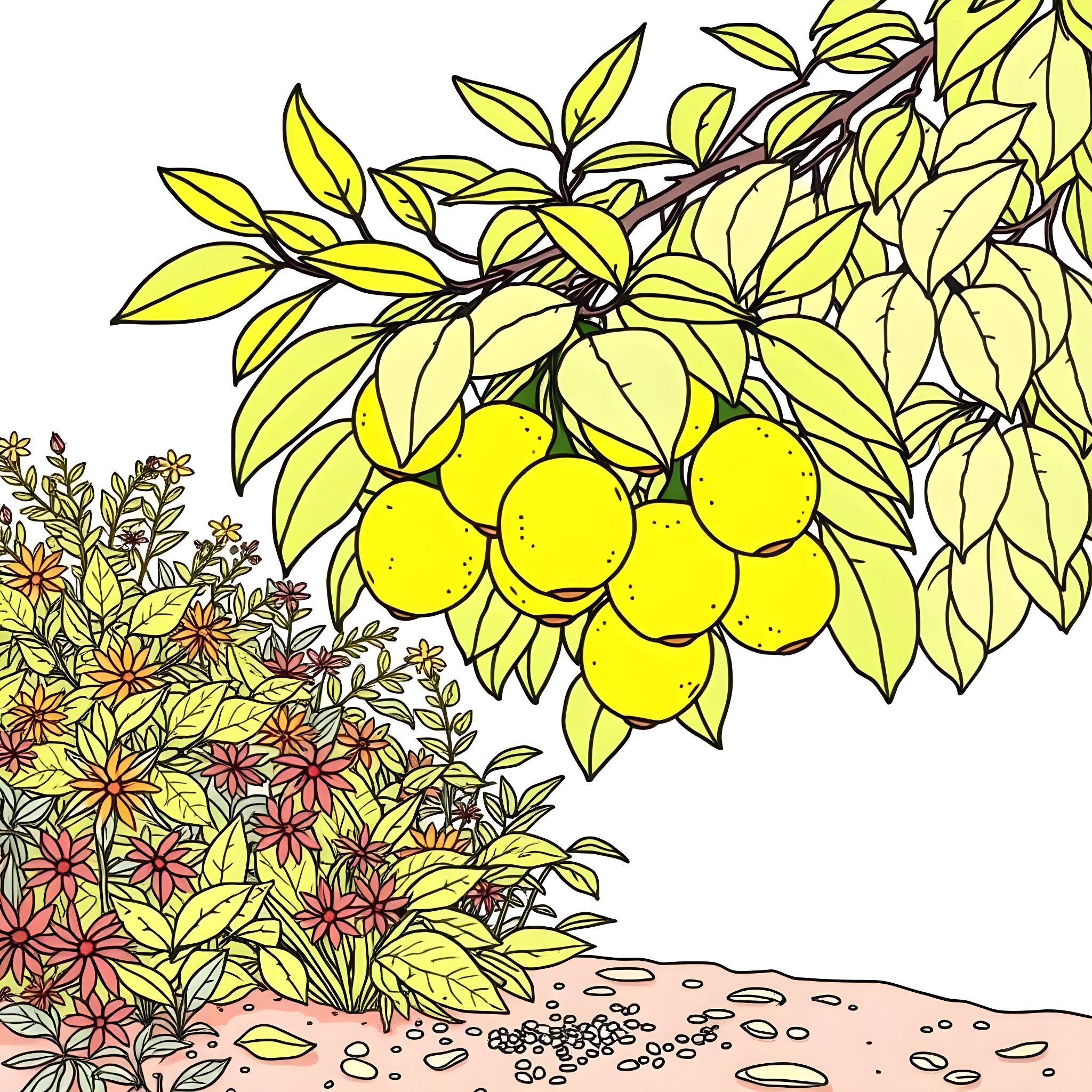 Citron and Floral Abundance Coloring Page (free black-and-white line drawing printable PDF for all, from beginners to advanced learners, including children, teens, adults, and seniors)