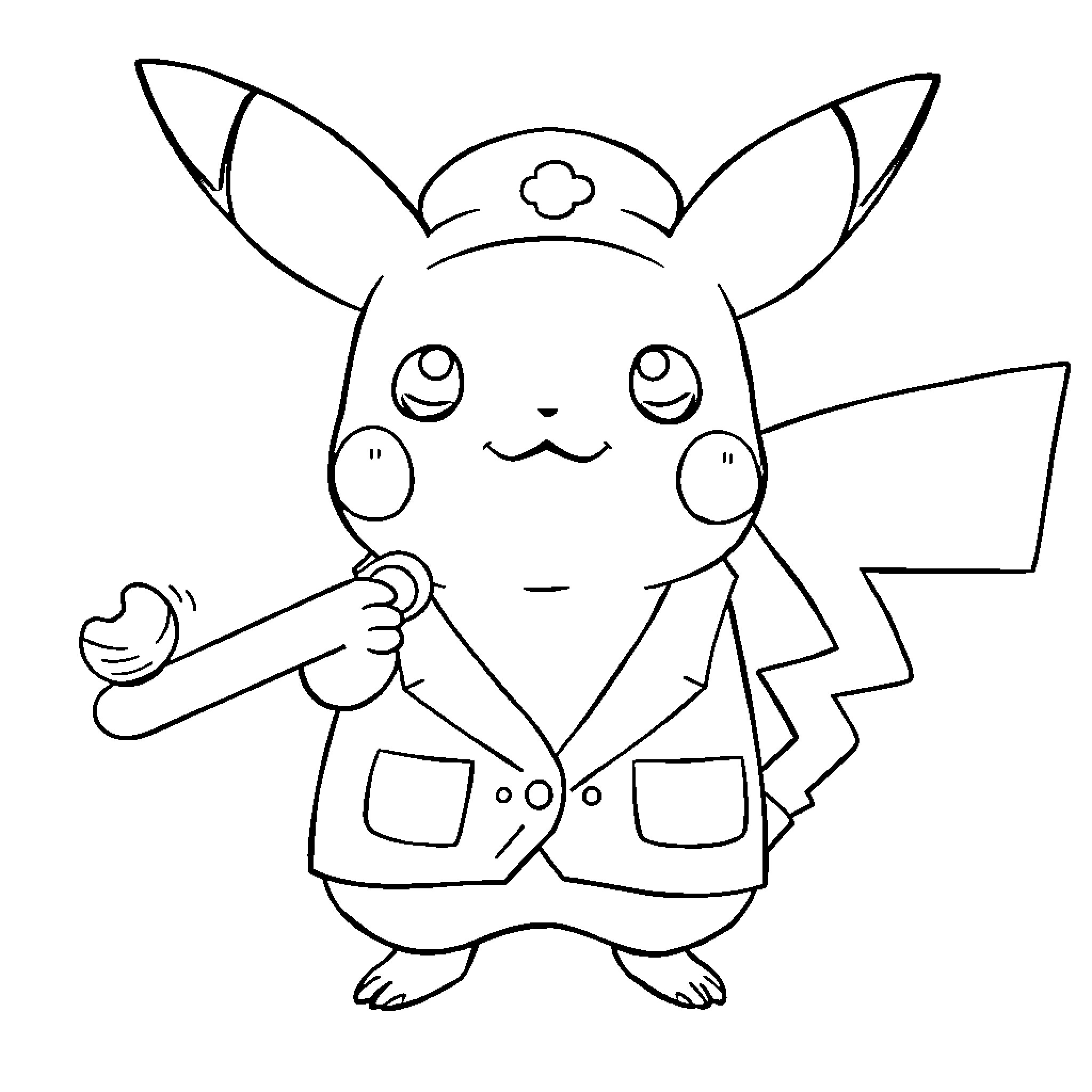Pikachu as a doctor with a stethoscope Coloring Page (free black-and-white line drawing printable PDF for all, from beginners to advanced learners, including children, teens, adults, and seniors)