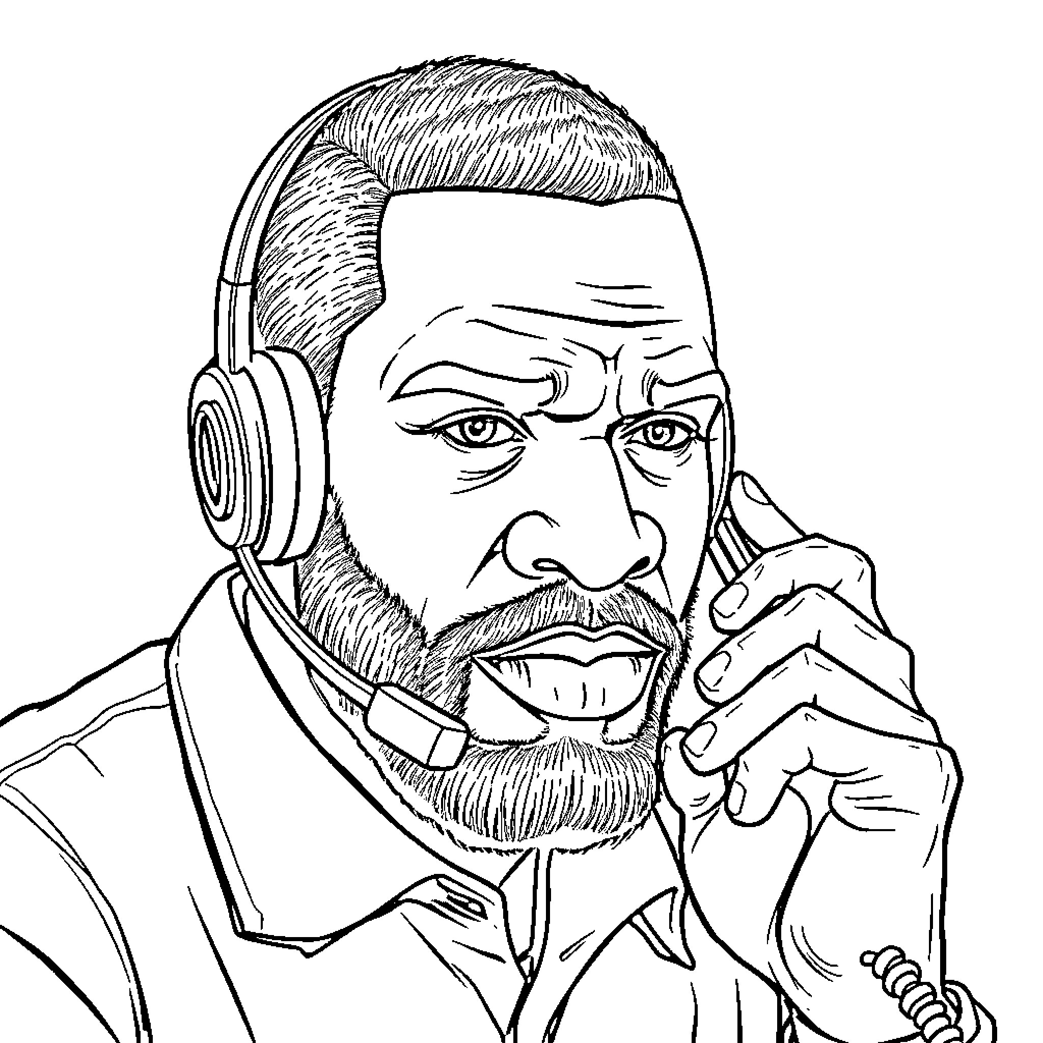 Mr T Listening Intently with Headphones Coloring Page (free black-and-white line drawing printable PDF for all, from beginners to advanced learners, including children, teens, adults, and seniors)
