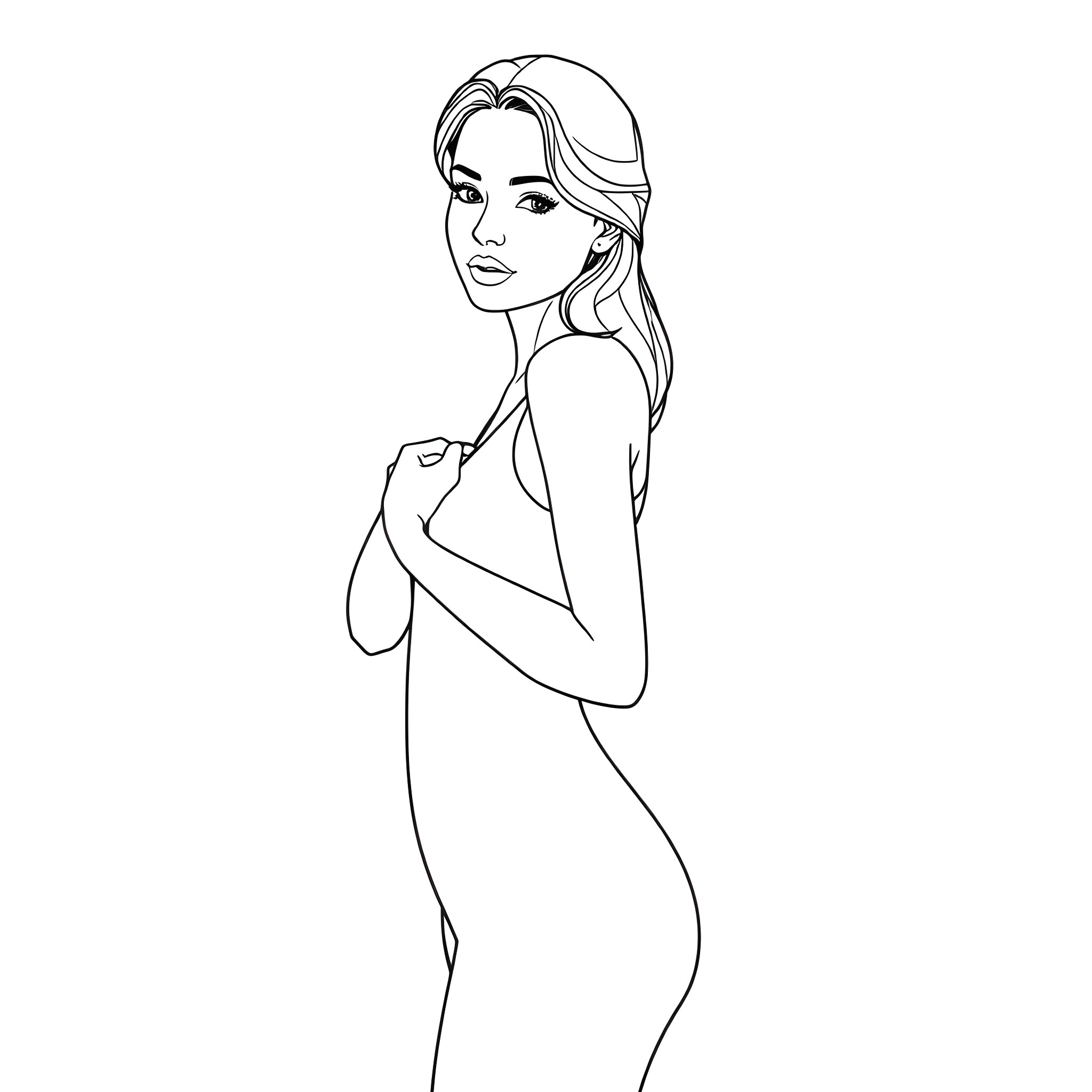 Woman posing with confidence in black and white Coloring Page (free black-and-white line drawing printable PDF for all, from beginners to advanced learners, including children, teens, adults, and seniors)