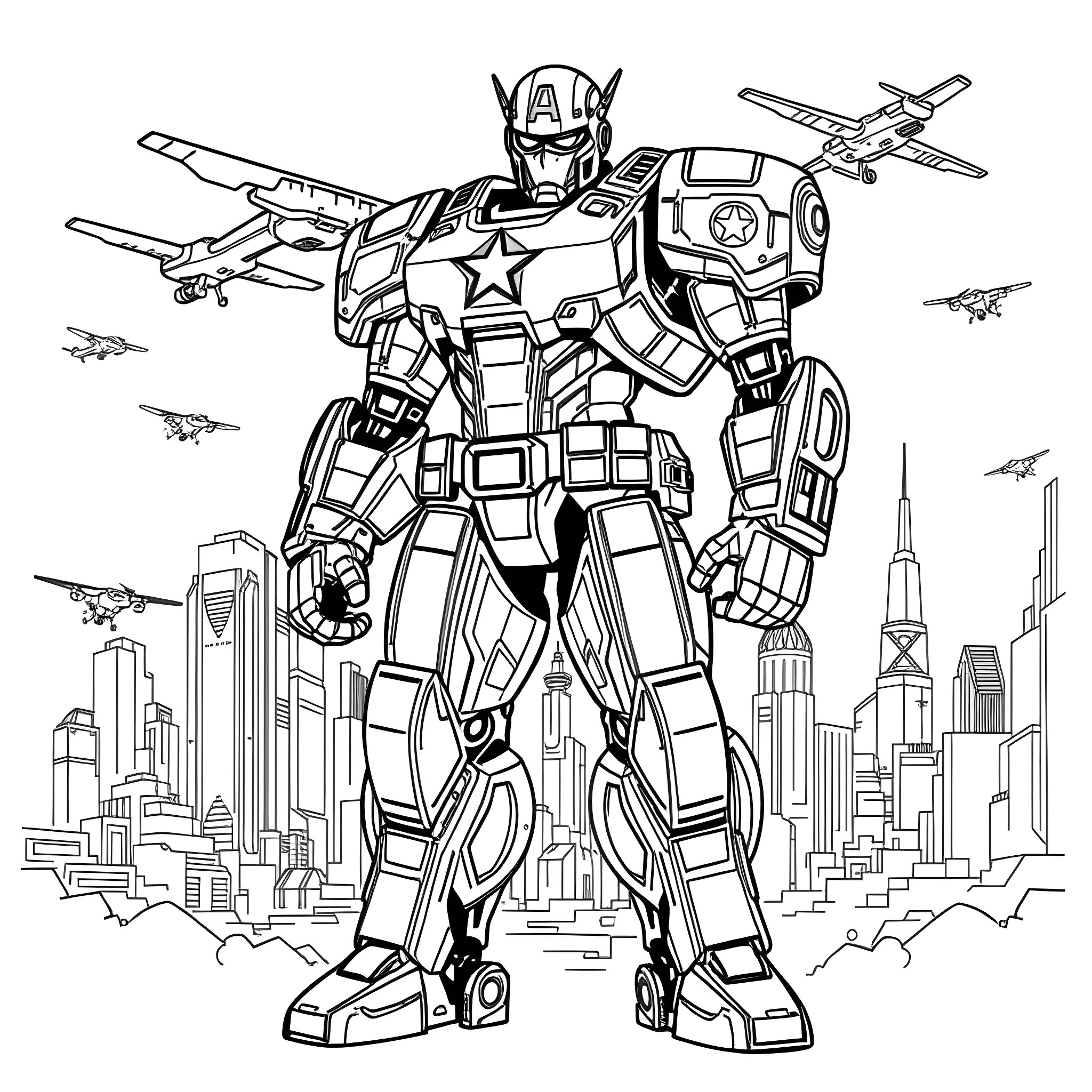 Mecha Captain America in Heroic Pose Amidst Cityscape Coloring Page (free black-and-white line drawing printable PDF for all, from beginners to advanced learners, including children, teens, adults, and seniors)